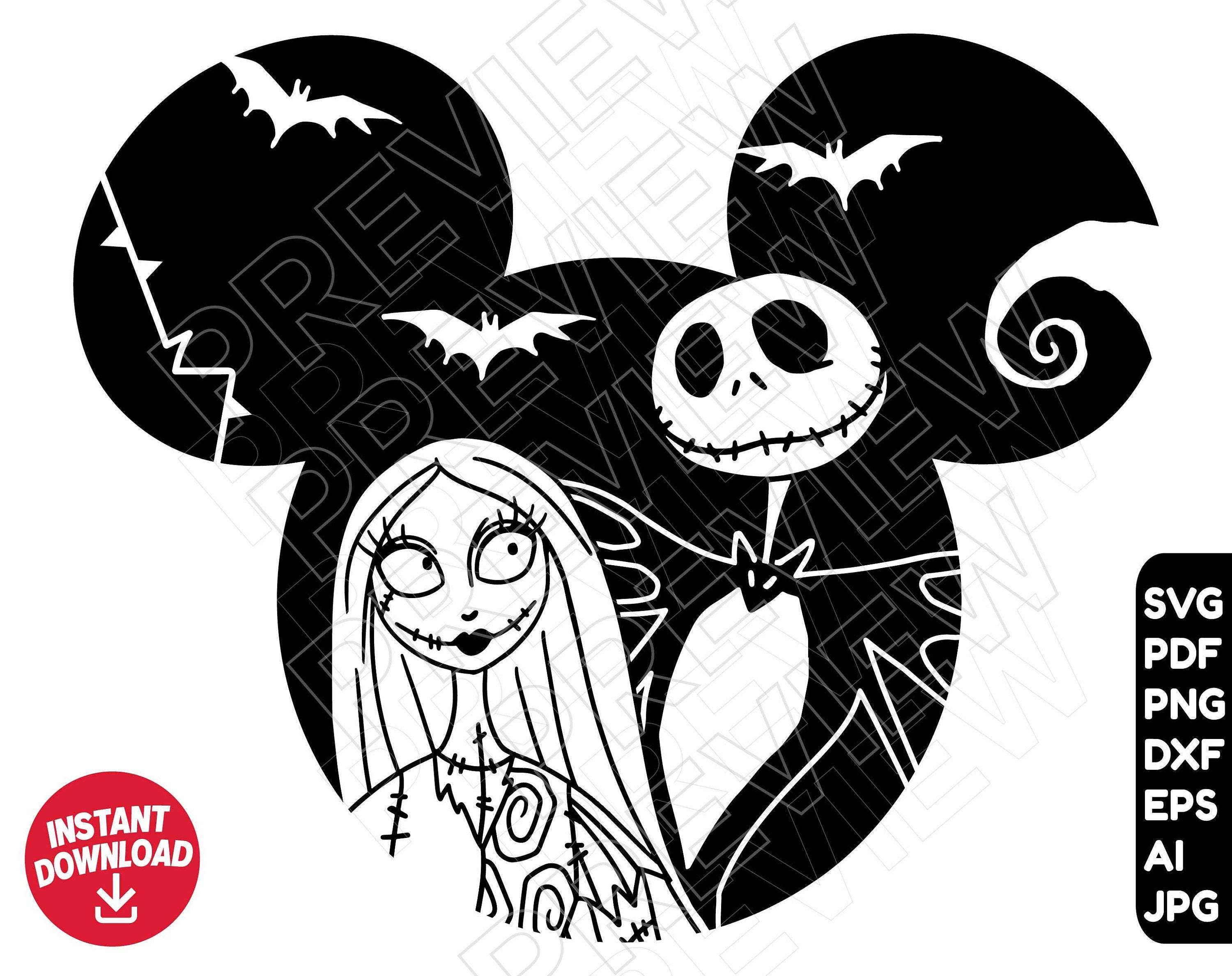 The Nightmare Before Christmas SVG Jack Sally Halloween png clipart dxf ears , cut file outline silhouette