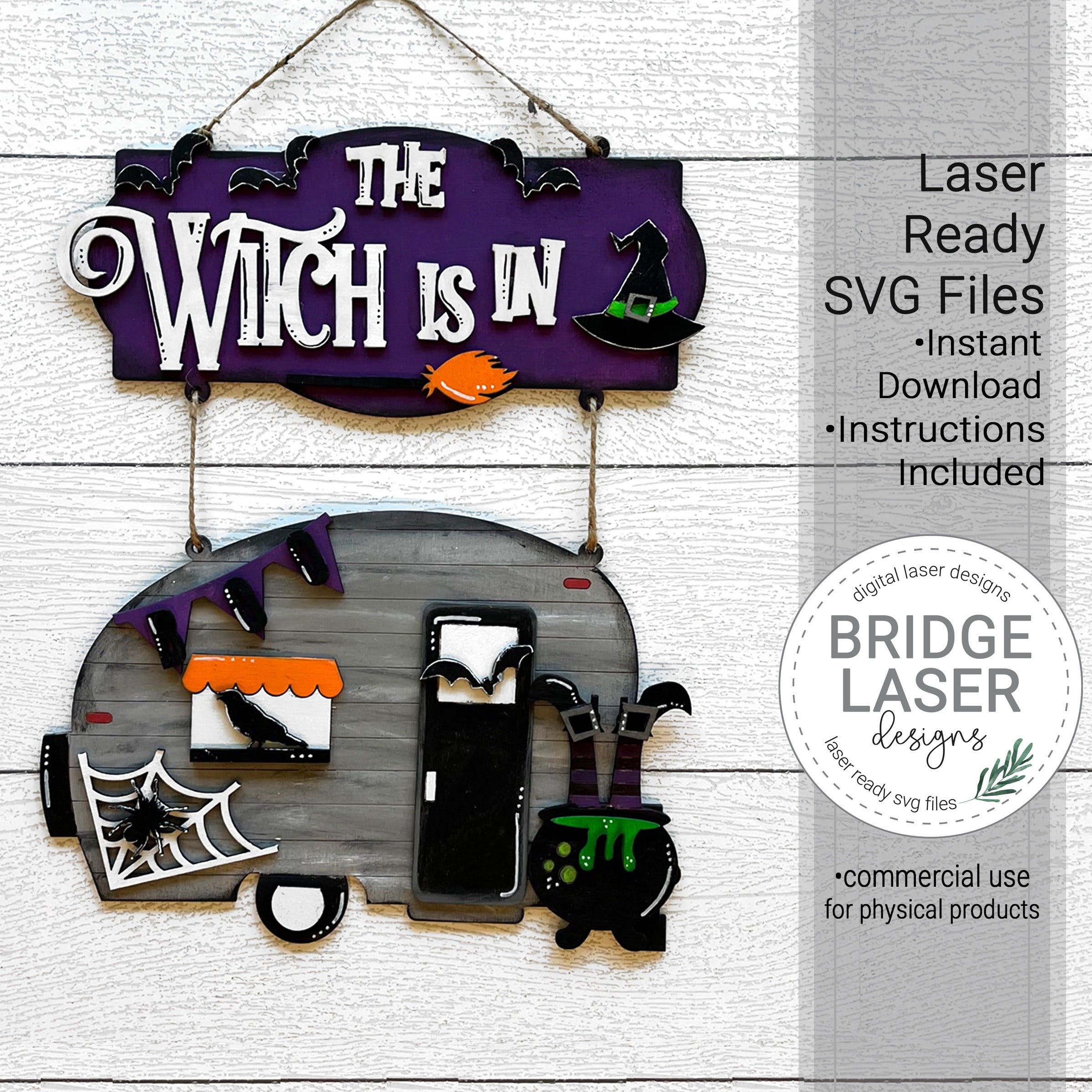 Halloween Door Hanger Laser File, Halloween Camper Laser Cut Design SVG, Witch Spider Bat Camper Sign Laser File, Witch Is In Camper Sign