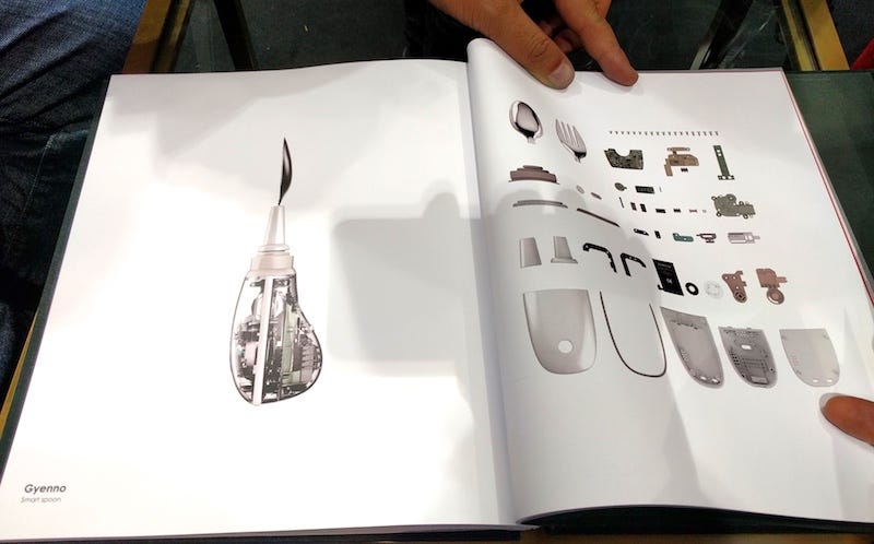 At Shenzhen Industrial Design Fair we saw this smart spoon. Note how it's transparent (and hence possible to see the inner workings), and the brochure shows a list of parts. Image: Peter Bihr (CC by-nc-sa)