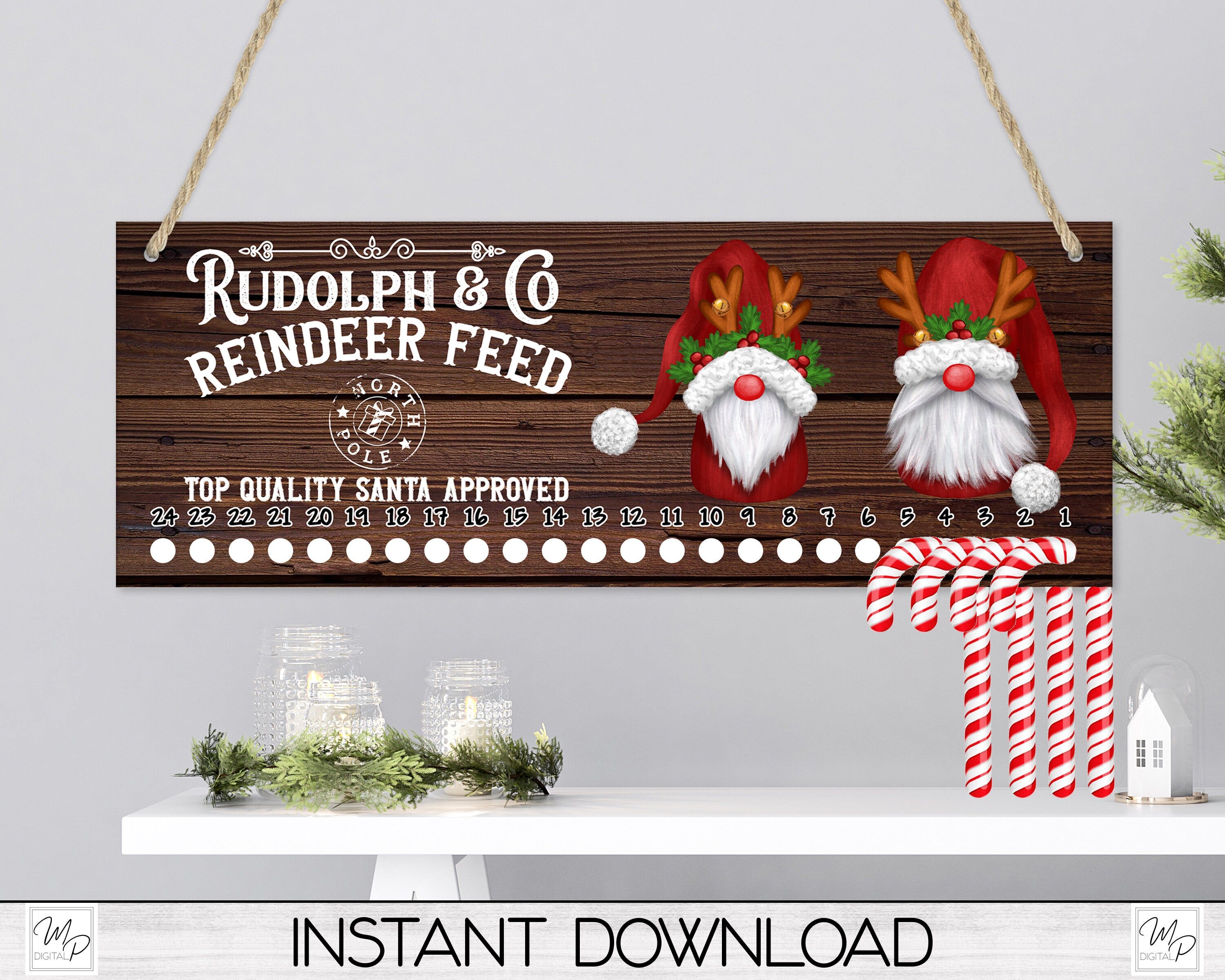 Christmas Gnomes Candy Cane Countdown Sign PNG Sublimation Digital Download, Candy Cane Advent Calendar Holder, Reindeer Feed