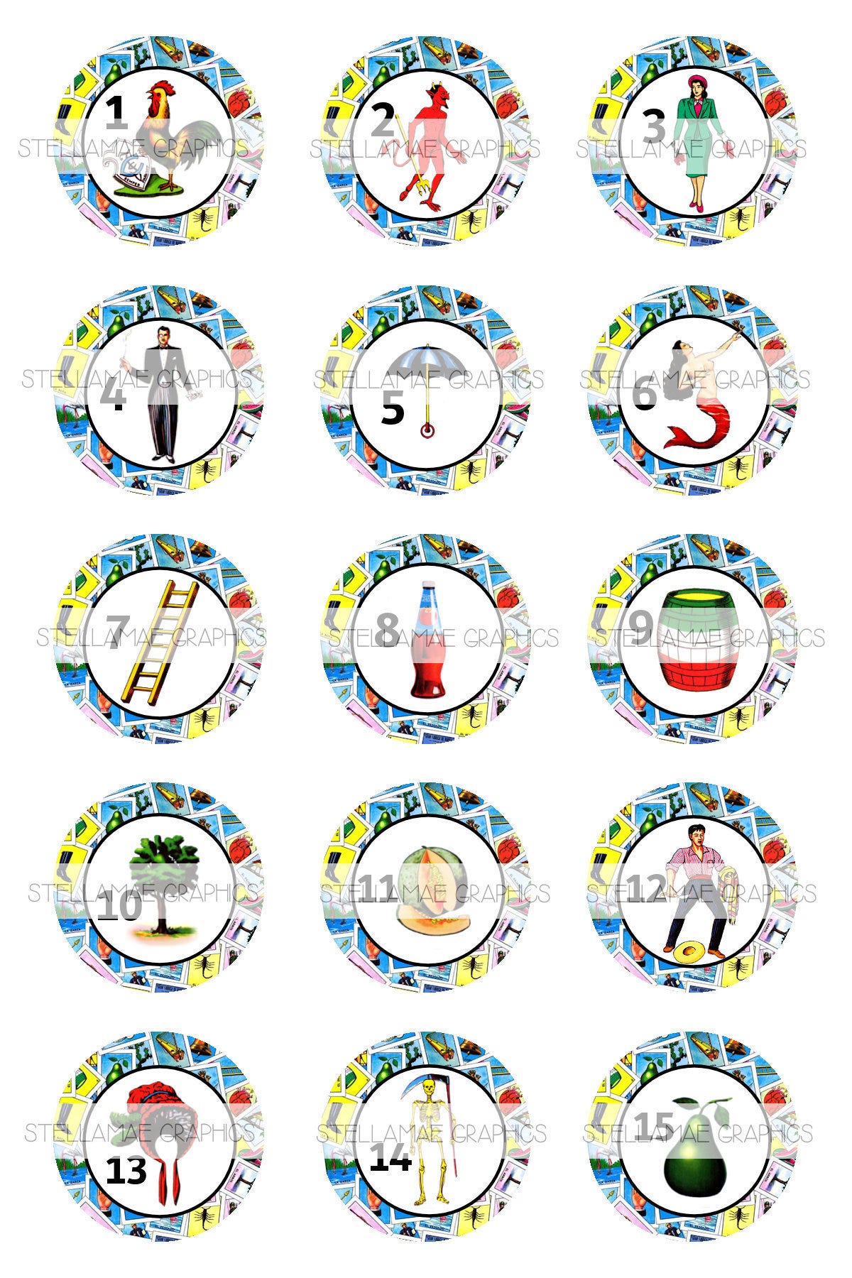 Mexican Loteria bundle No Words (1-60) - 1 inch circle images, cards border, bottlecap, cupcake topper, kid friendly - INSTANT DOWNLOAD