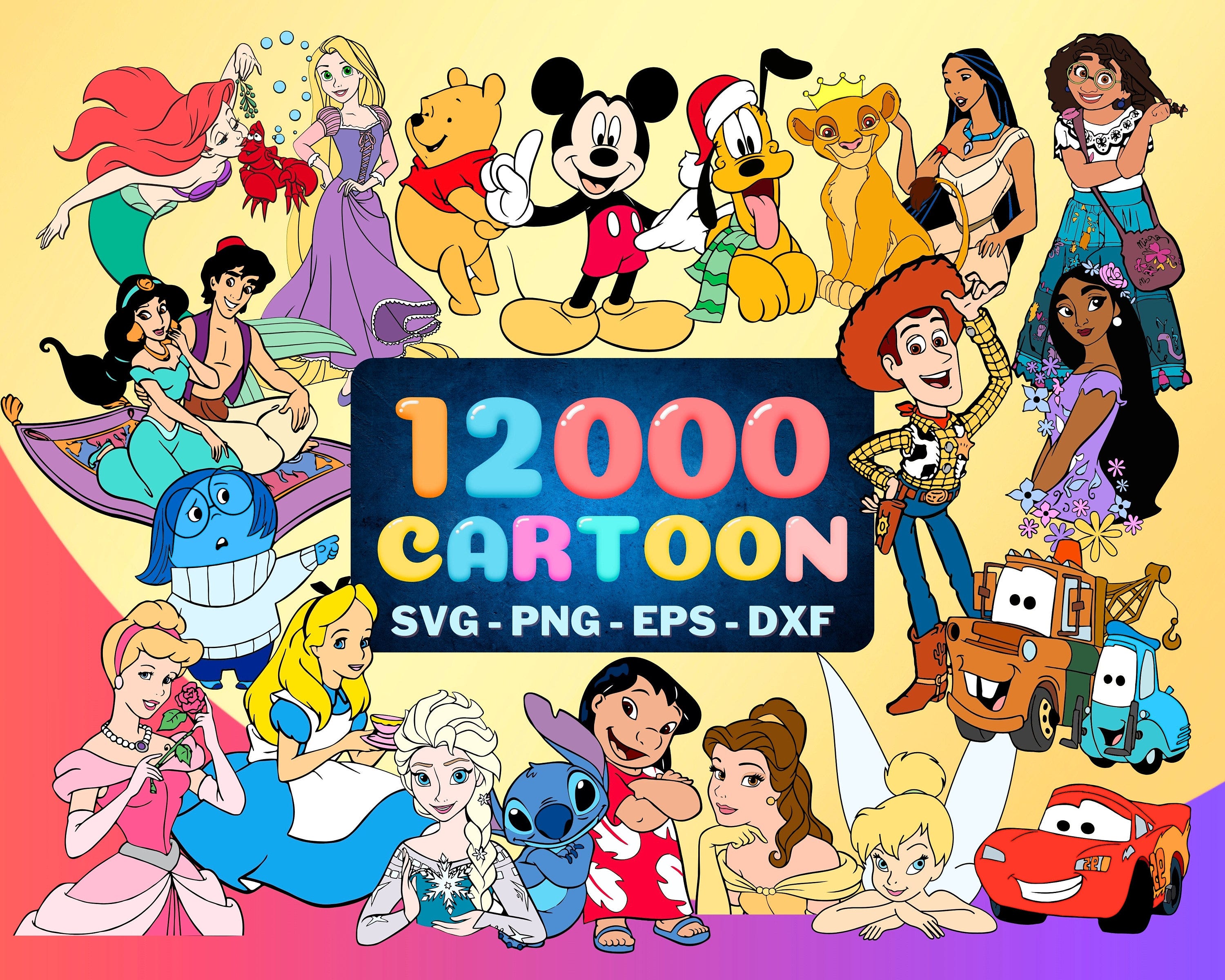 Cartoon Characters 12000 SVG, Layered SVG PNG, Frozen Moana Ariel Tangled, Lilo Stitch, Toy Story, Winnie Pooh, Cartoon Cricut Files