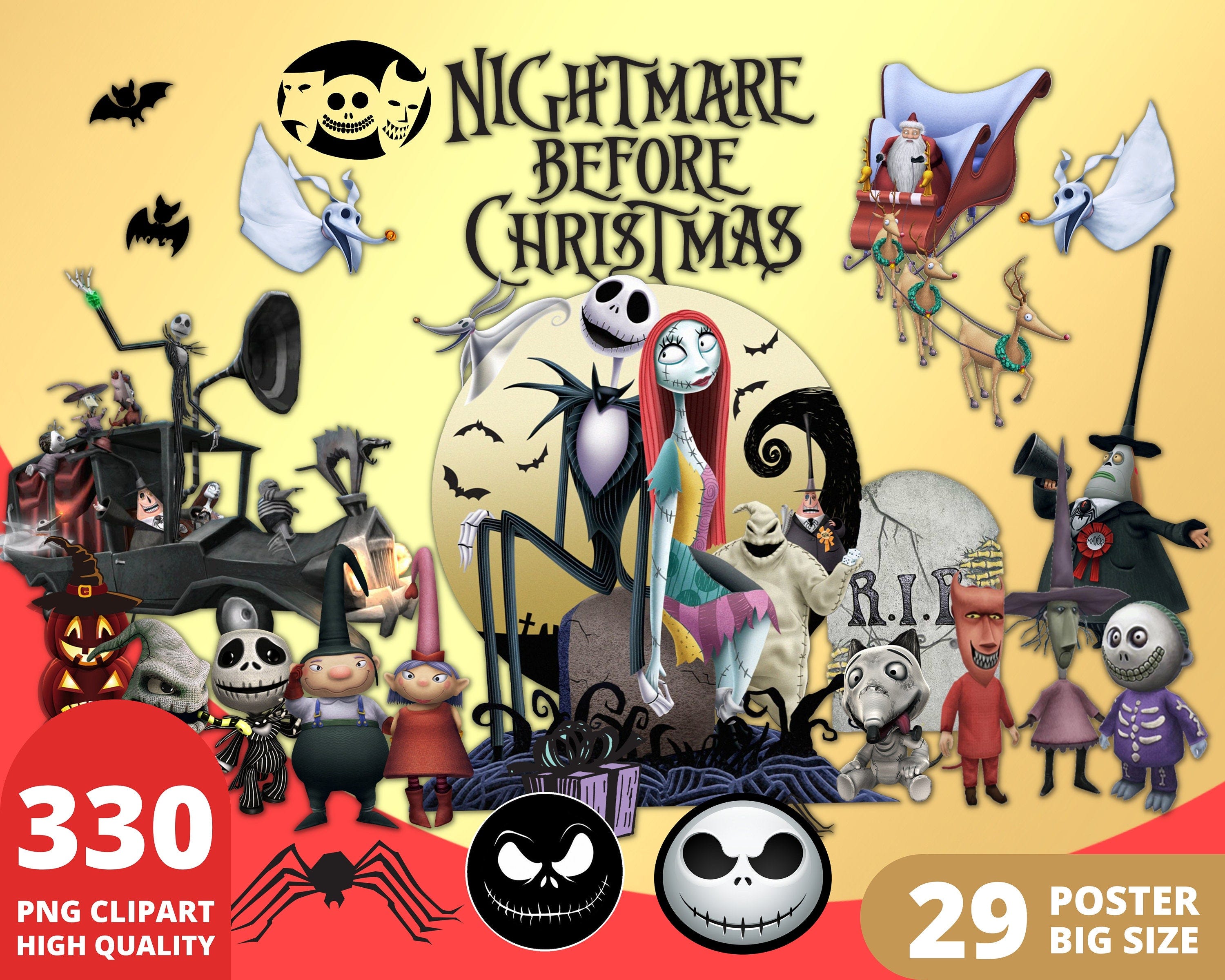 Nightmare Before Christmas Clipart PNG, Halloween Decorations, Skelleton, Jack and Sally Pattern, Nightmare Christmas Posters