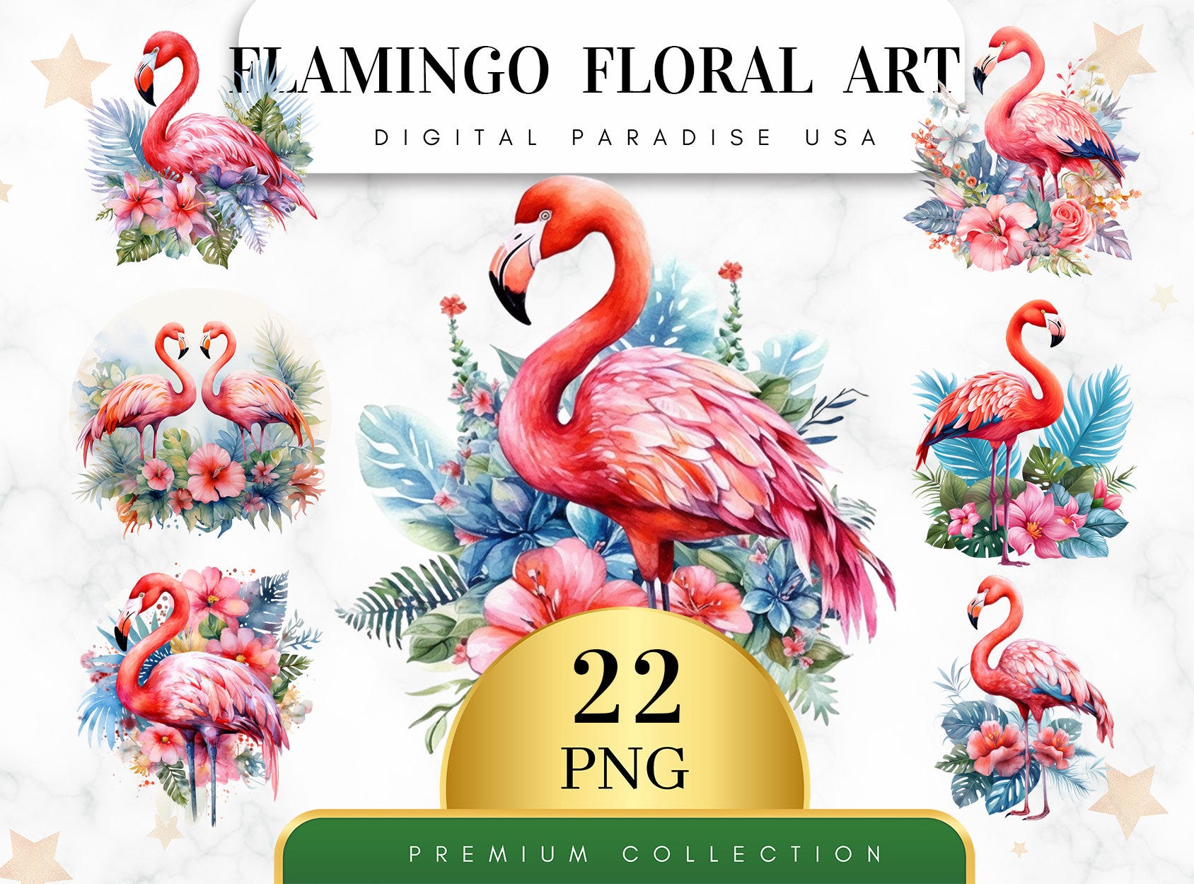 Set of 22, Flamingo Floral Art Clipart, Flamingo Clipart, Floral PNG, Birds Clipart, Flamingo PNG, Wall Art, Sublimation, Digital Download