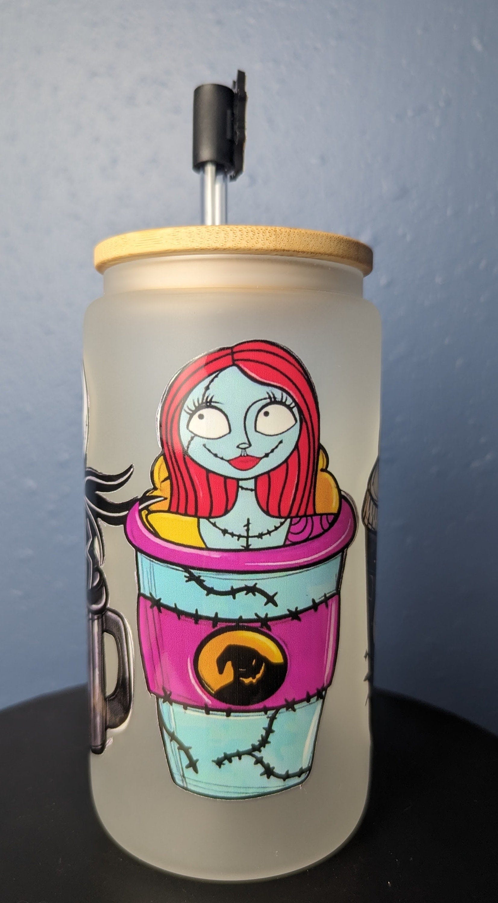 16oz Nightmare Before Christmas Iced Coffee Cup / Fall latte pumpkin spice Tumbler / Jack and Sally Halloween glass can cup