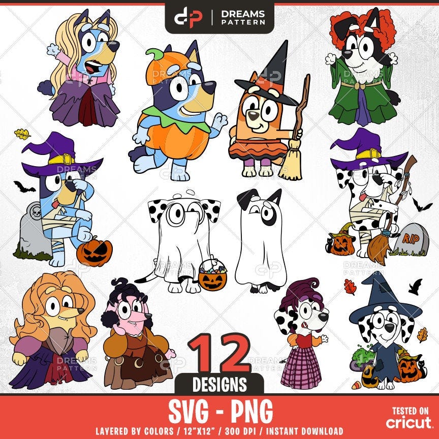 Blue Dog and Halloween Svg, 12 Designs Easy to use, Cartoon Characters Clipart, Layered Svg by colors, Transparent Png, Cut files for Cricut