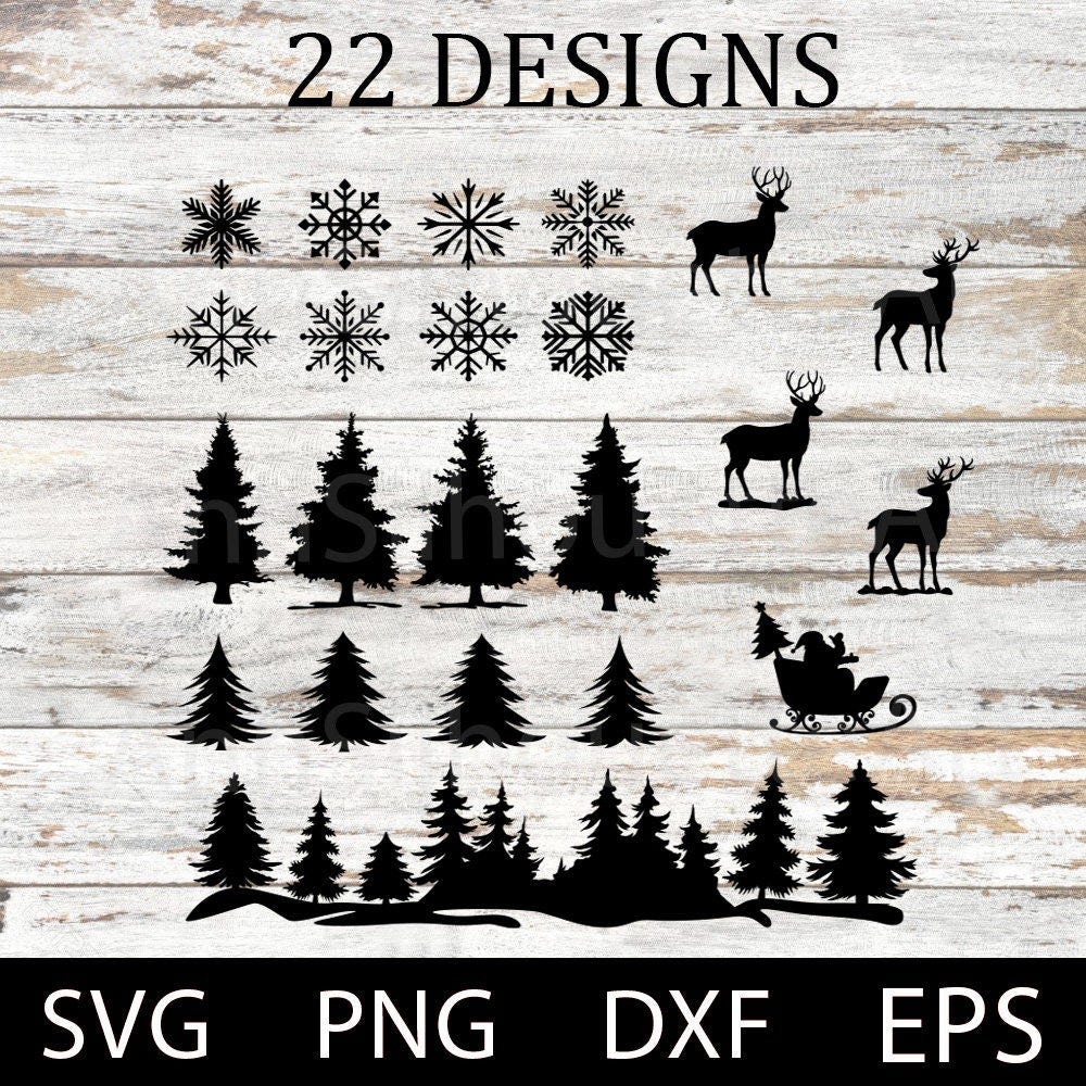 Christmas Silhouette Svg Bundle, Christmas Elements Svg, Snowflake Cricut Svg, Reindeer Silhouette, Santa Sleigh Dxf, Christmas Tree Svg