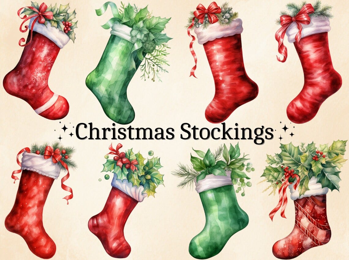 16 PNG Watercolor Christmas Stocking Clipart, Winter Stockings, Holiday Clipart, Christmas Stocking Decor, Card Making, Digital Bundle