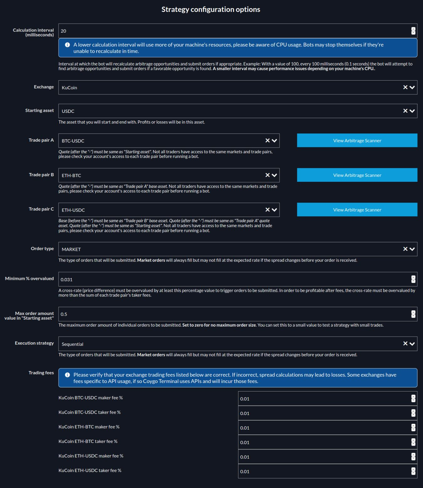 Screenshot if the triangular arbitrage bot’s config