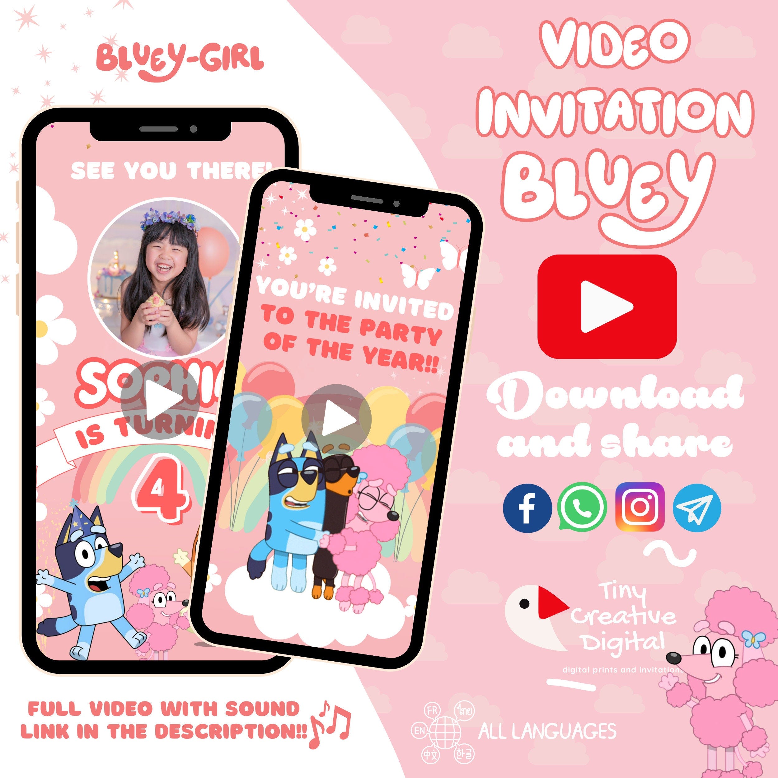 Bluey birthday Invitation, Bluey video invitation, Bluey Girl invitation, Video Invitation Girl, Bluey Bingo invitation, birthday Invitation