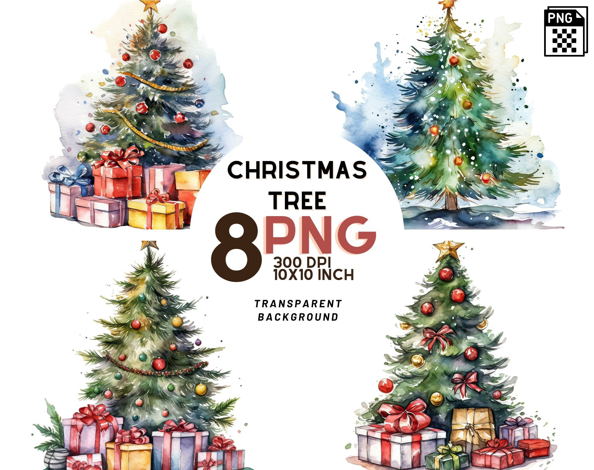 Watercolor Christmas Tree with presents set: 8 High-Quality 300 DPI PNGs, Printable with Commercial Use, Digital Download