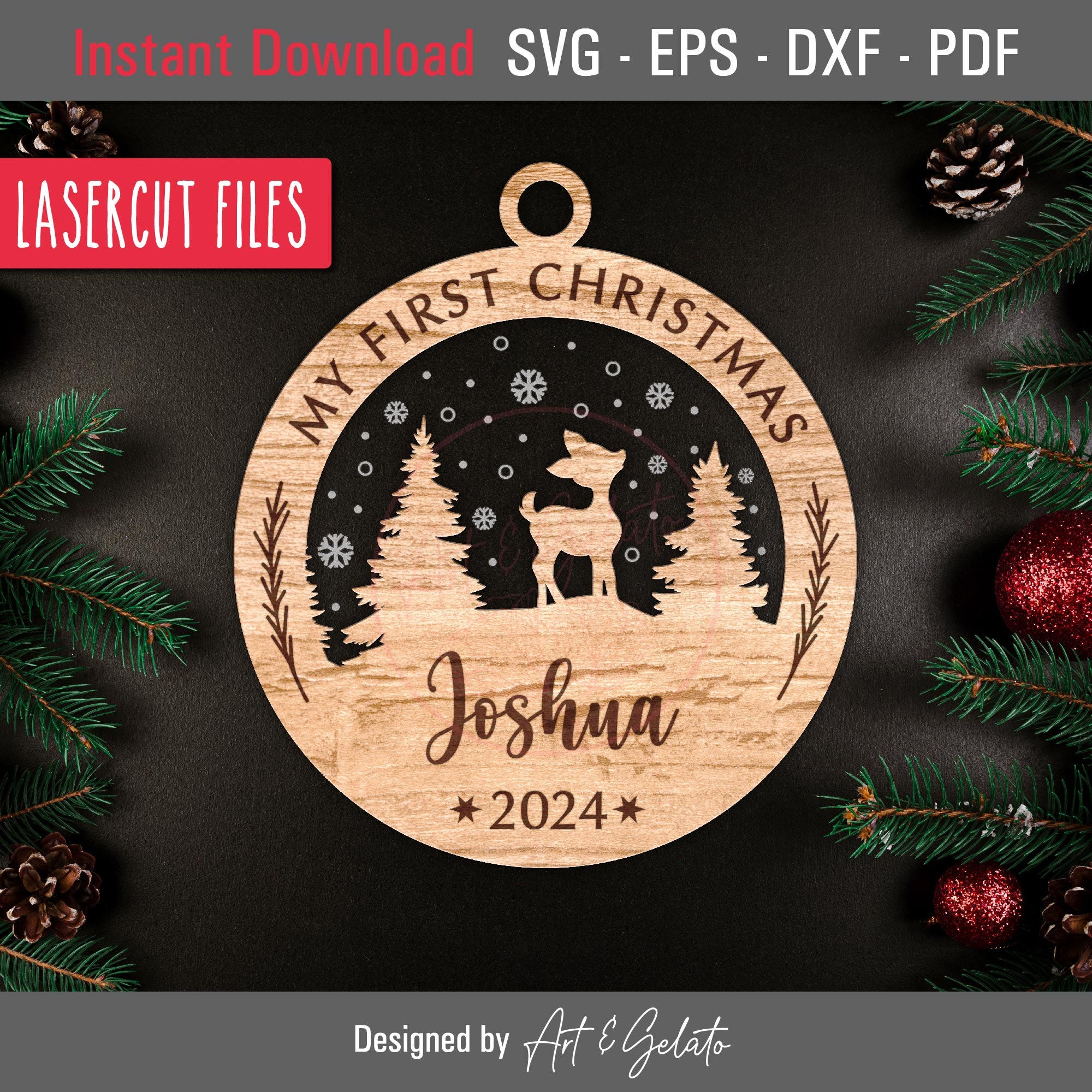 My First Christmas 2024 Winter Deer Ornament SVG, Christmas Ornament SVG, Snow Deer Scene SVG, Glowforge File, Multi-Layer Laser Cut