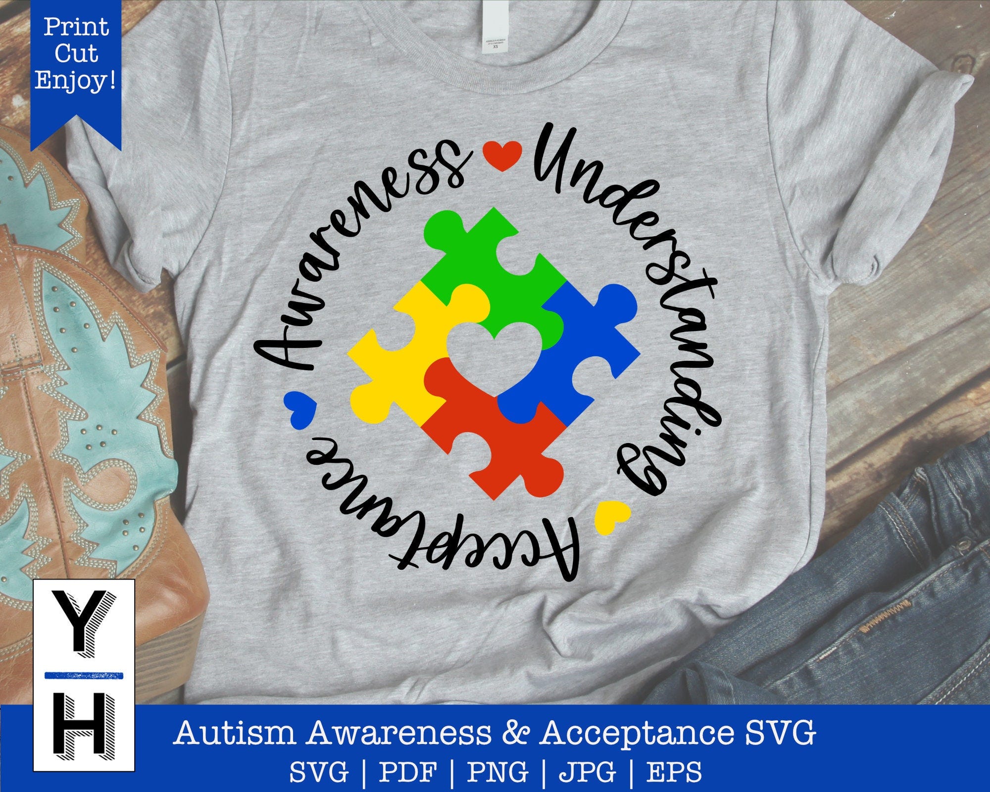 Autism SVG | Autism Awareness Understanding & Acceptance SVG | Autism Awareness Month Shirt Vector | Autism Spectrum Puzzle Heart Cutout