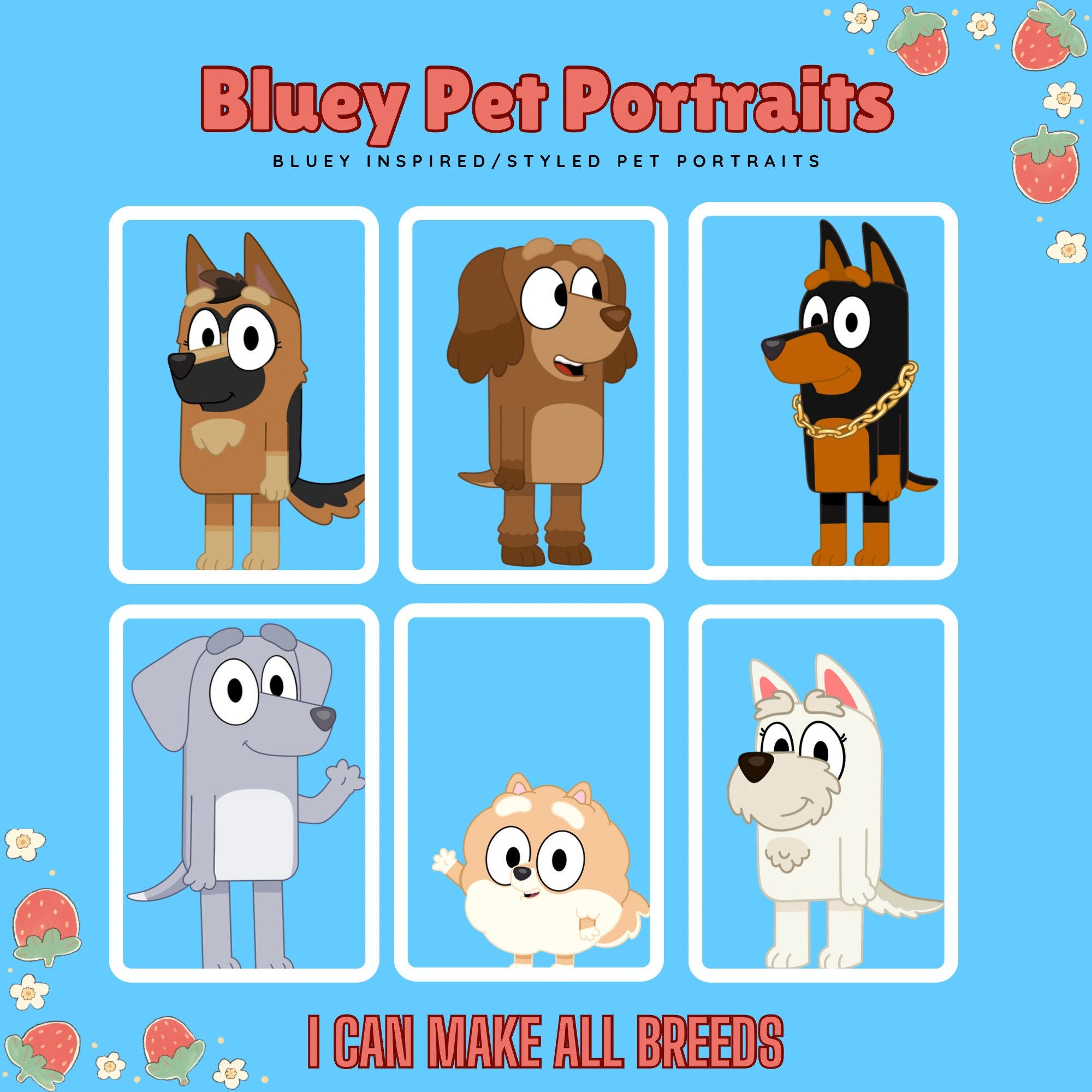 Bluey-inspired Art: Personalized Pet Portraits and Character Drawings Bluey Bingo Heeler Family Personalized