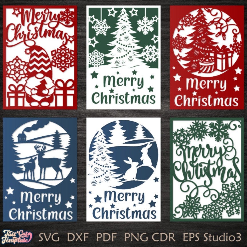 Set 6 Merry Christmas cards 5x7 SVG, Christmas fold card bundle, Christmas Greeting card, templates Cricut Cameo Laser cut Papercut Digital.