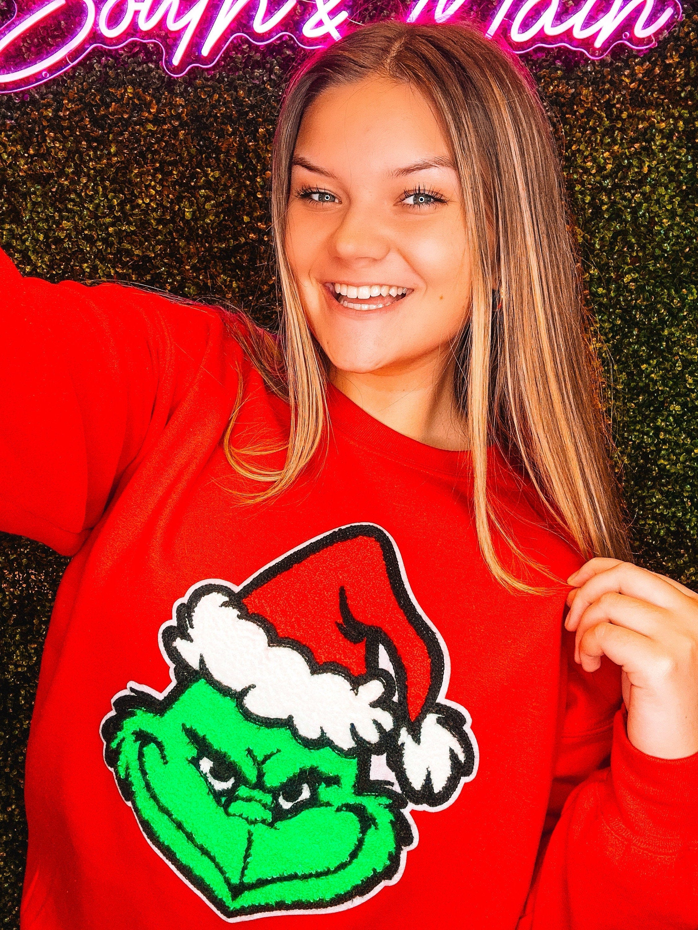 Green Grinch Chenille Sweatshirt - Red