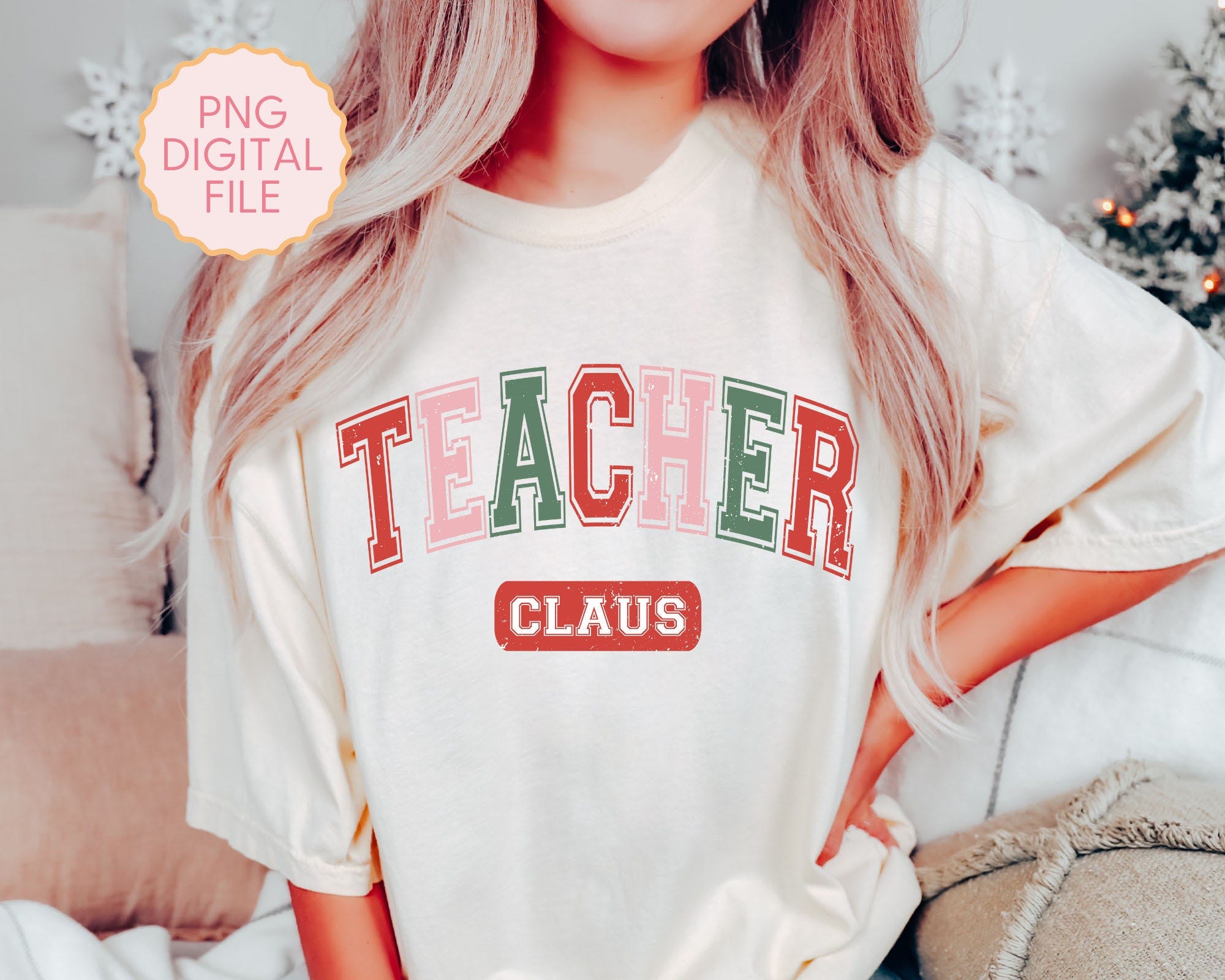 Retro Teacher Claus Christmas PNG Sublimation Digital Design Download Distressed Varsity College Arched Christmas Groovy Vintage Colorful