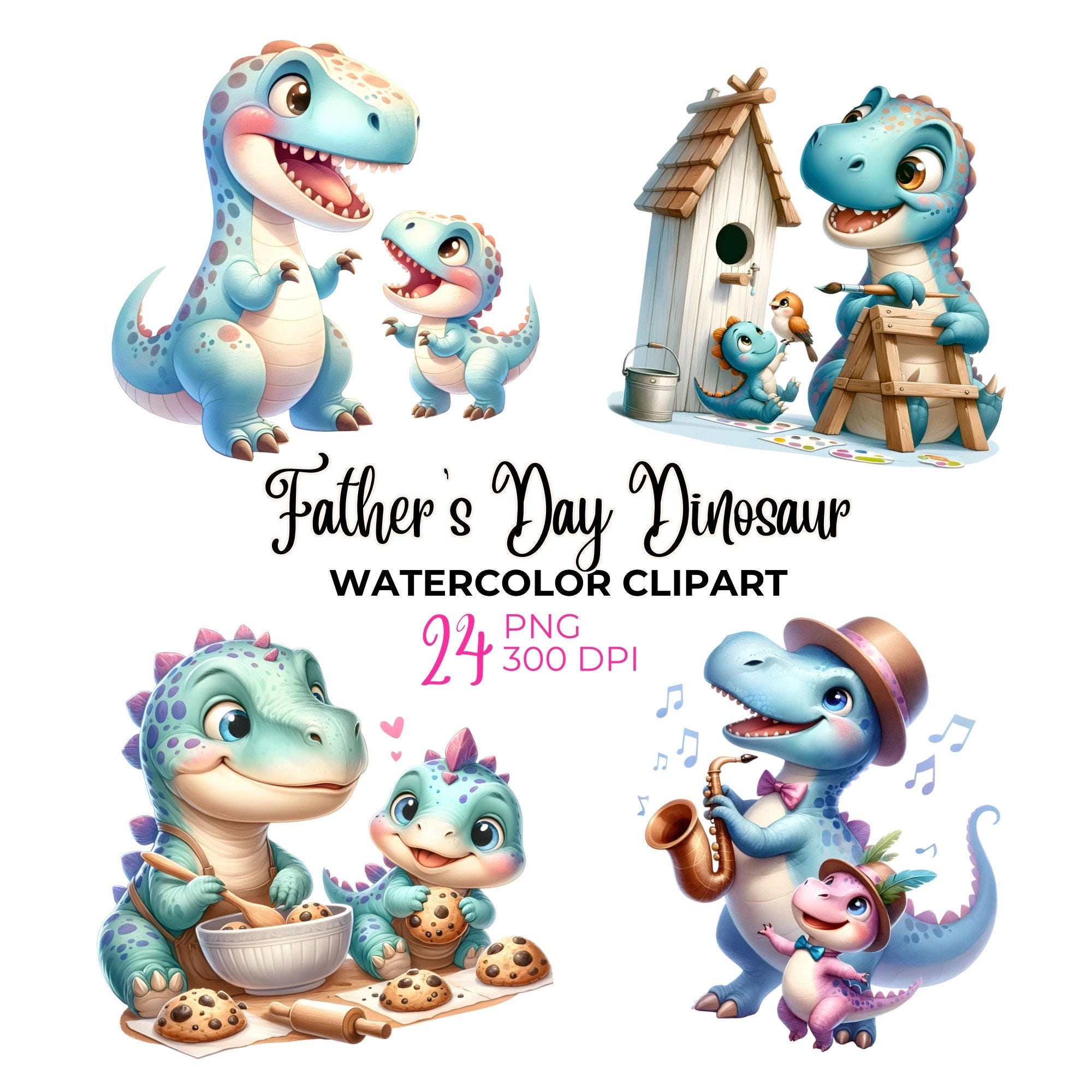 Watercolor Happy Father’S Day Dinosaur Clipart, Baby Dinosaur Png Dad Png,  Father’S Animal Clipart, Father’S Day Clipart, Commercial Use