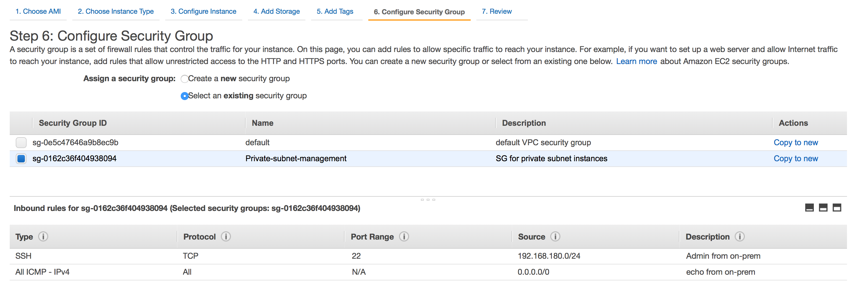 Security Group example for the instance