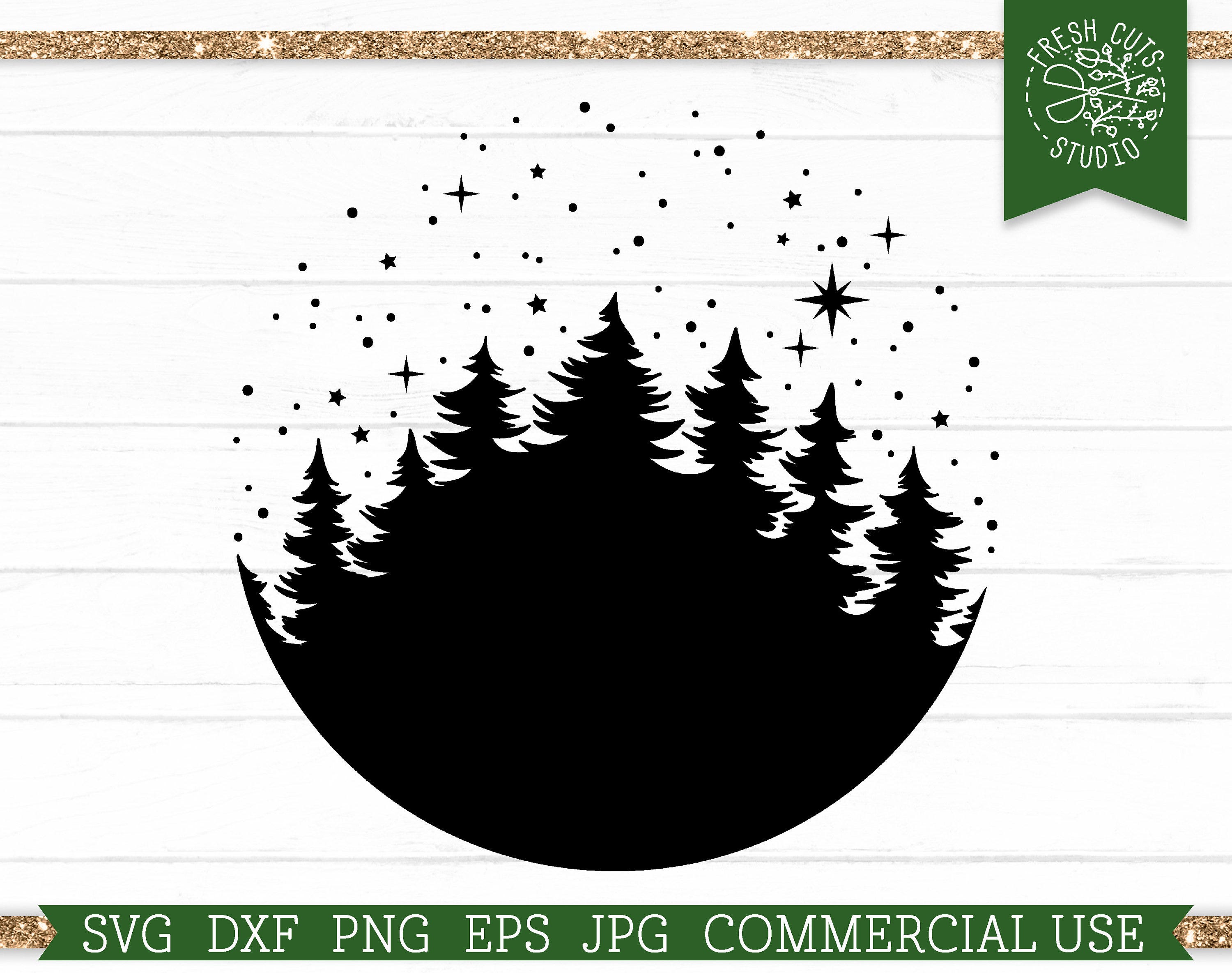 Winter Forest SVG Snowy Scene, Pine Tree Circle Cut File for Cricut Silhouette Cameo, Add your own Text, Ornament Design, Christmas png dxf