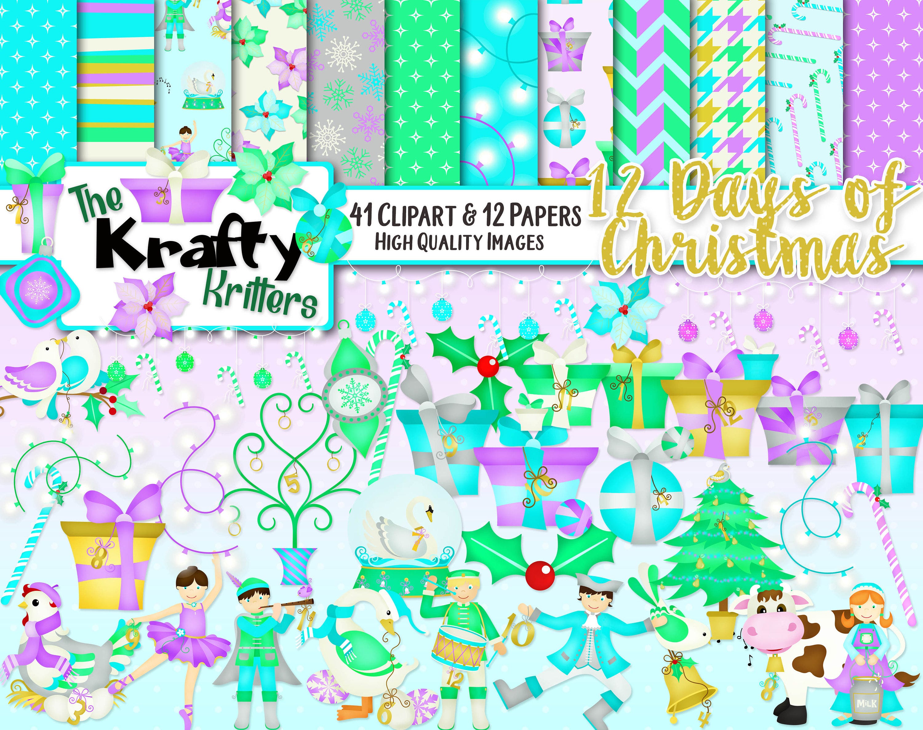 12 DAYS OF CHRISTMAS Clipart & Papers Kit, 41 png Cliparts, 12 jpeg Papers Instant Download presents mistletoe lights turtledoves xmas gifts