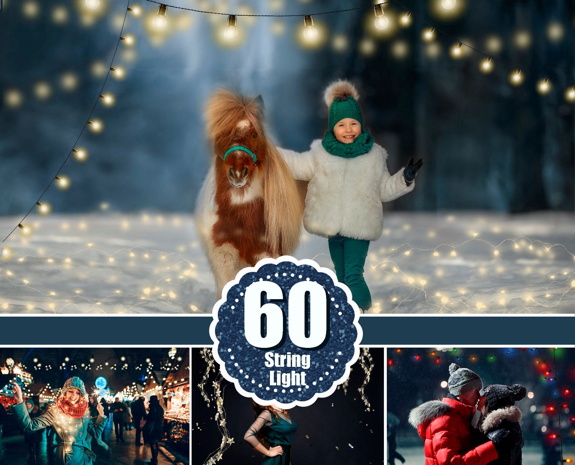 60 Christmas string light photo overlays, Fairy New Year Holiday lights, digital backdrop, glowing lights, bokeh, Photoshop Mix overlay, png