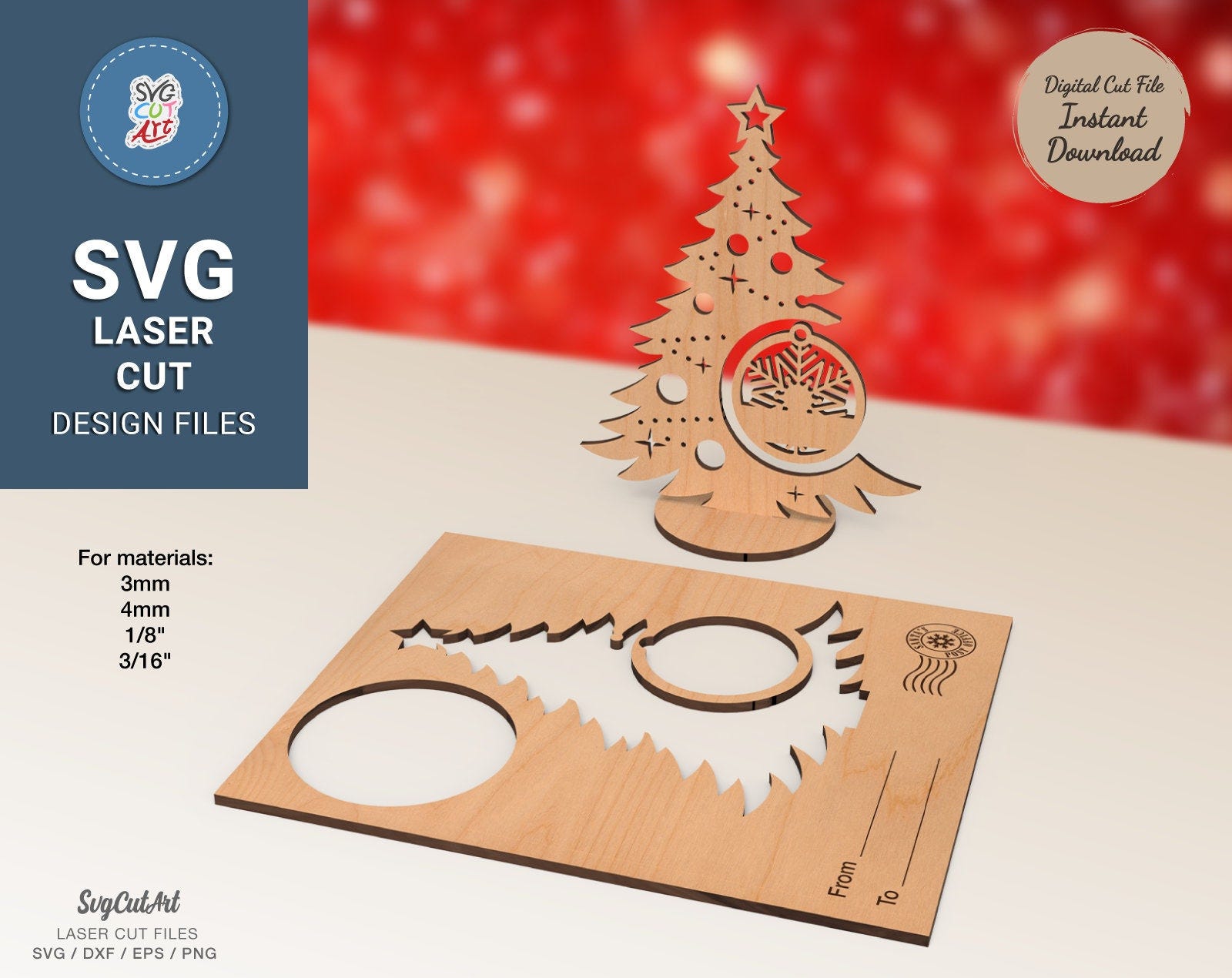 Christmas Card Tree Stand with ball svg, Christmas Card Laser Cut SVG, Christmas Souvenir Card, Glowforge pattern, Laser cut files