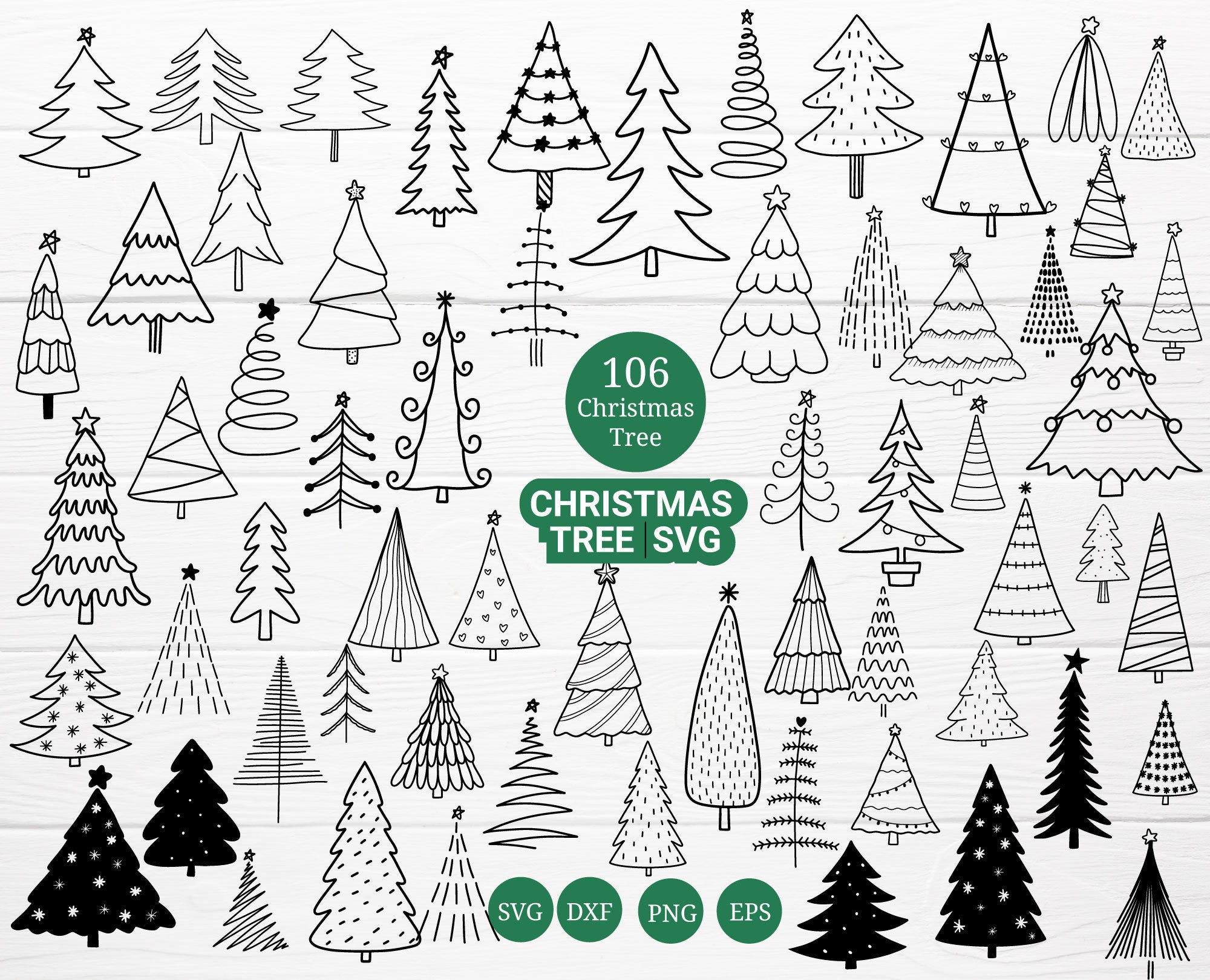 106 Christmas Tree Bundle SVG,Christmastree cut file,Xmas, cricut, Tree,ornaments Doodle, hand drawn, svg,dxf,png,Silhouette,Cricut,