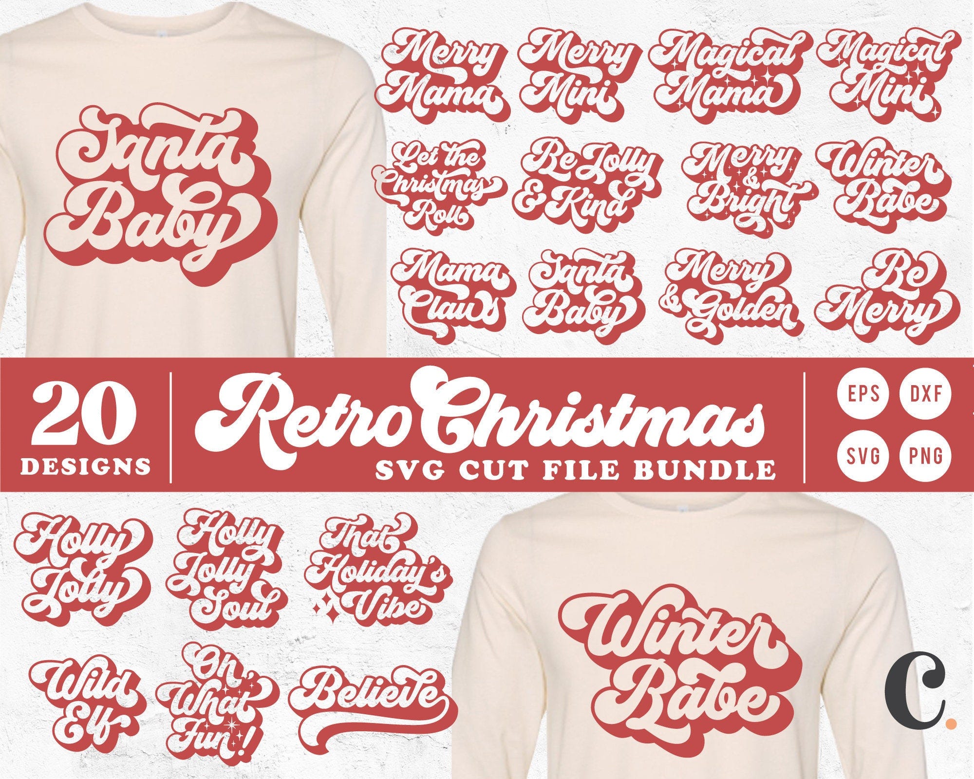 Retro Christmas SVG Cutting File Bundle for Cricut, Cameo Silhouette | 70s Holiday Quotes bundle, Santa Baby Cut File, Mom & Me Christmas