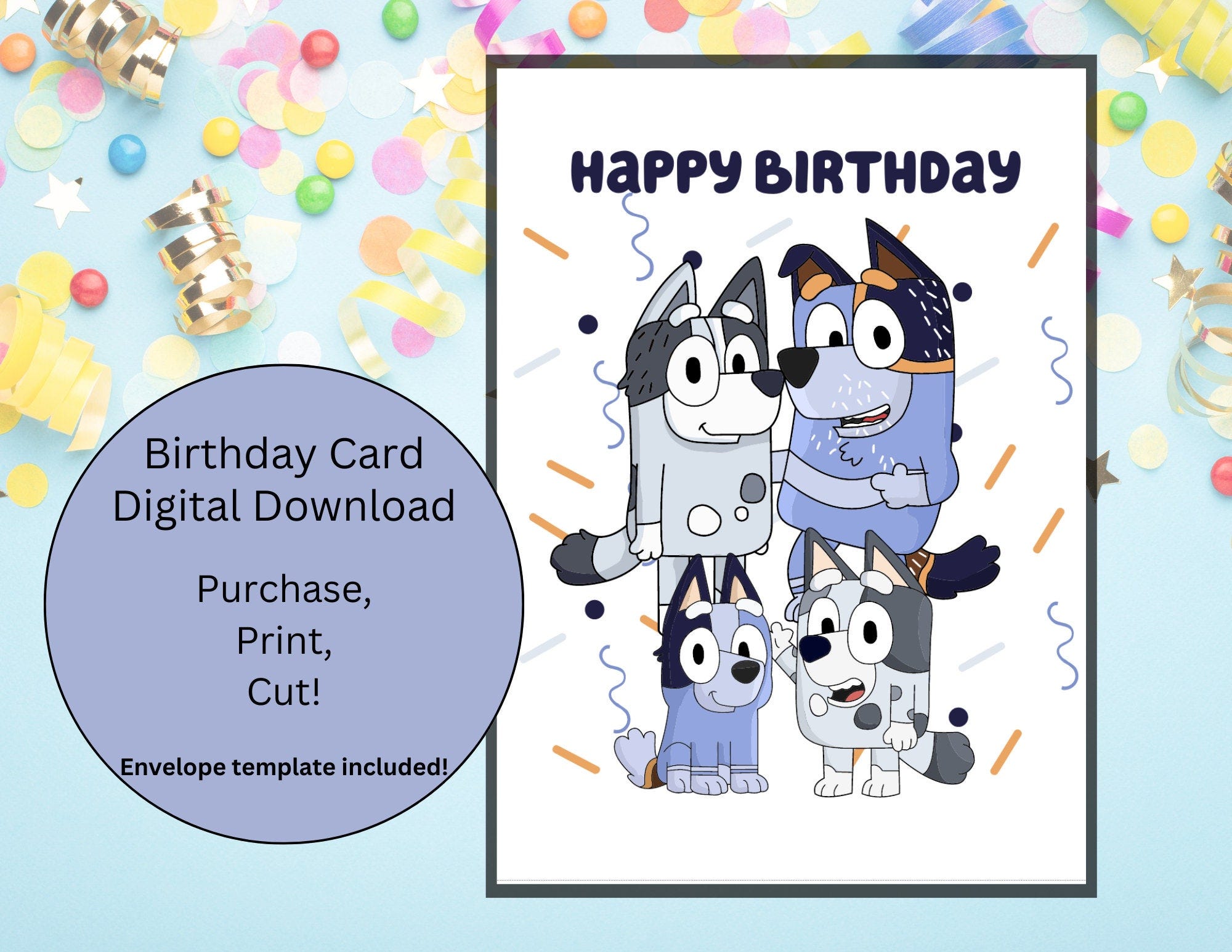 Bluey Birthday Card, Birthday Card, Printable Card, Digital, Stripe and Trixie Card, Muffin and Socks Card, Homemade Card