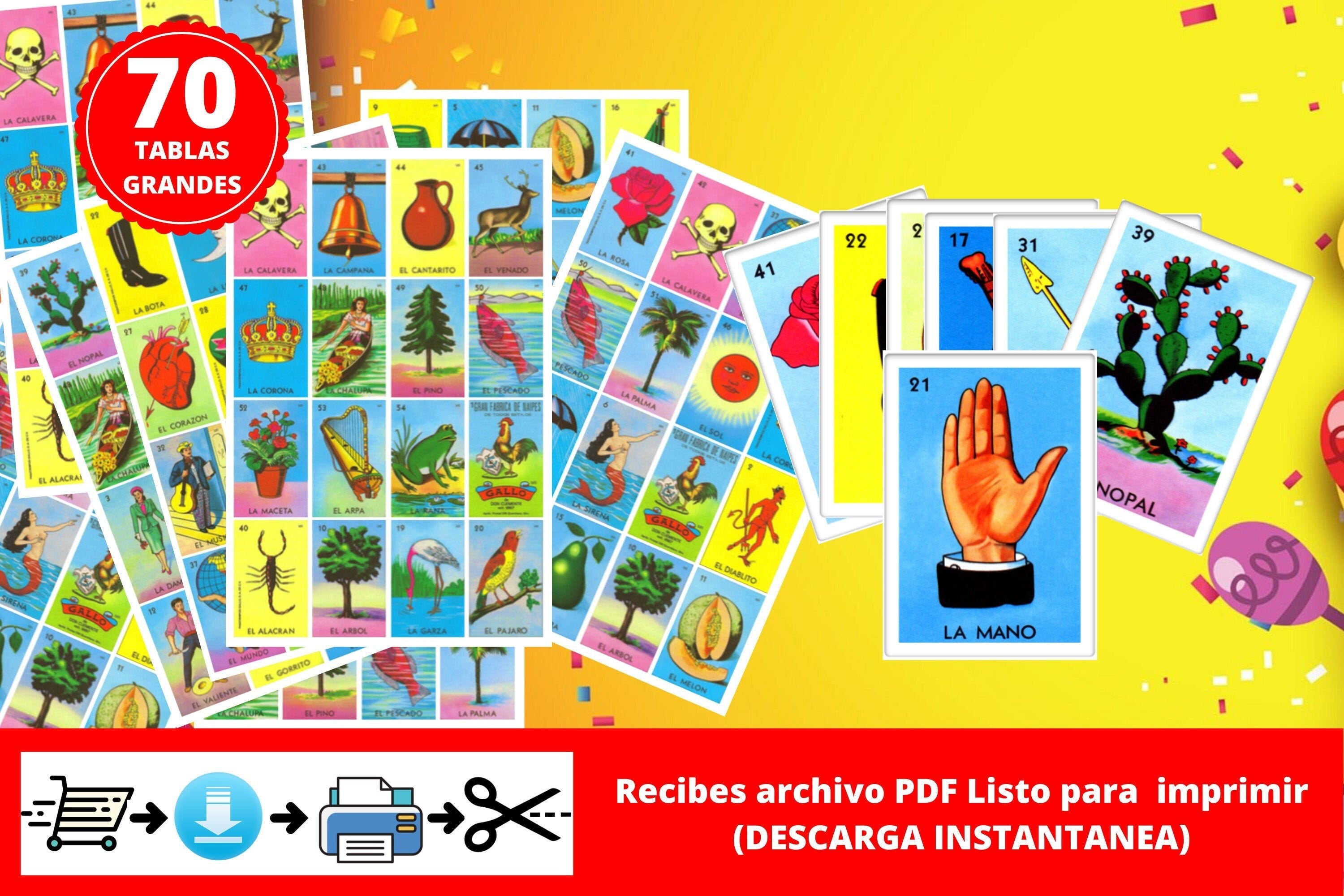 Mexican Loteria Game Cards Printable easy PDF INSTANT DOWNLOAD Digital File Ready To Print at Home. Loteria Mexicana Tradicional Descargable