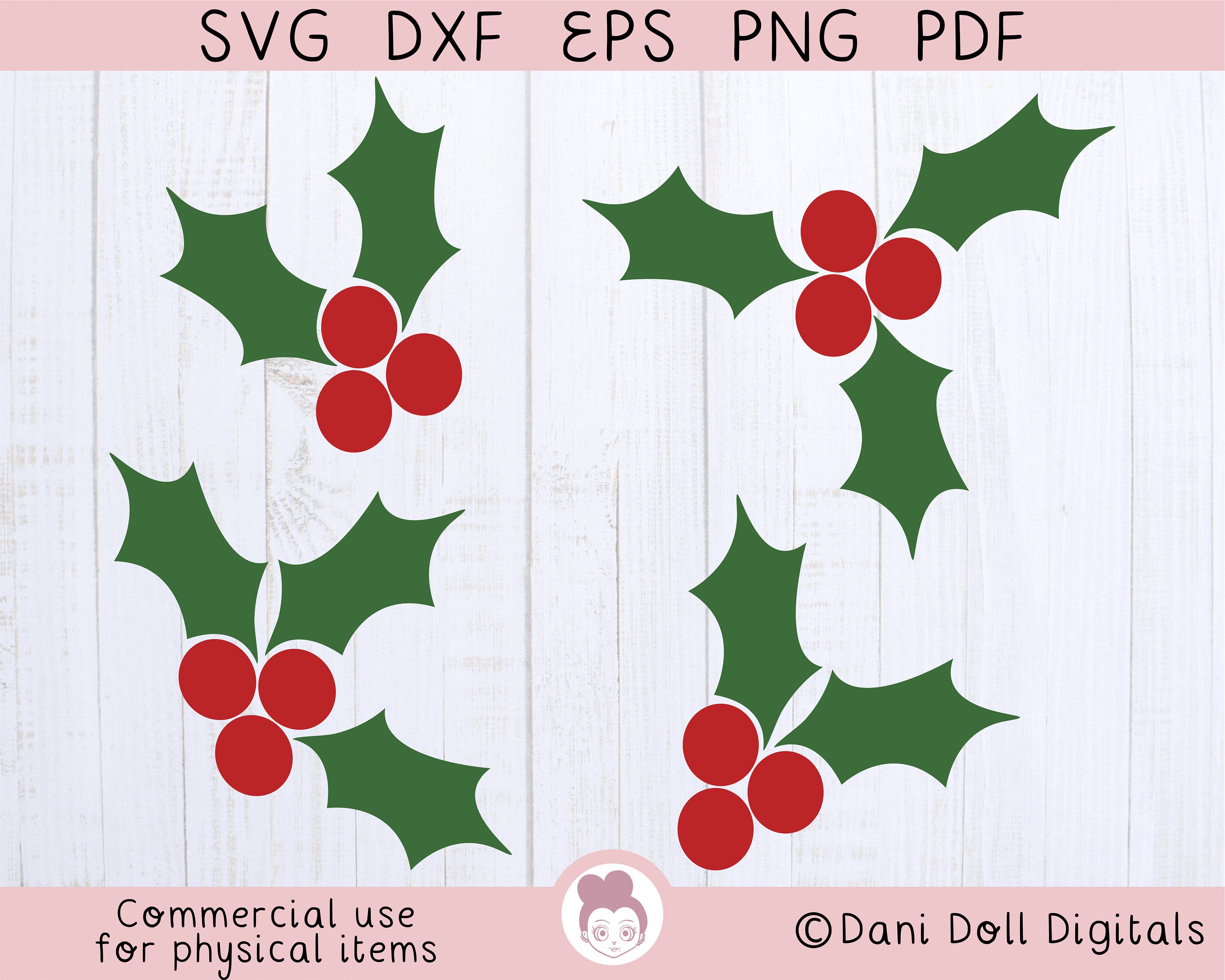 Holly Leaves and Berries SVG DXF PNG Clip Art, Xmas Festive Tree Designs, Merry Christmas, Diy Gift Cut File, Snow Svg, Berry Leaf Clipart