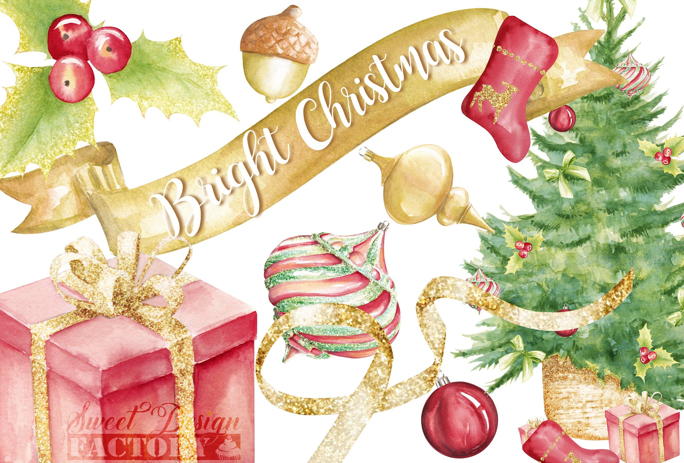 Christmas watercolor clipart, Classic Christmas Watercolor Icons, Vintage Holiday Clipart Graphic Set, traditional christmas, ribbon clipart