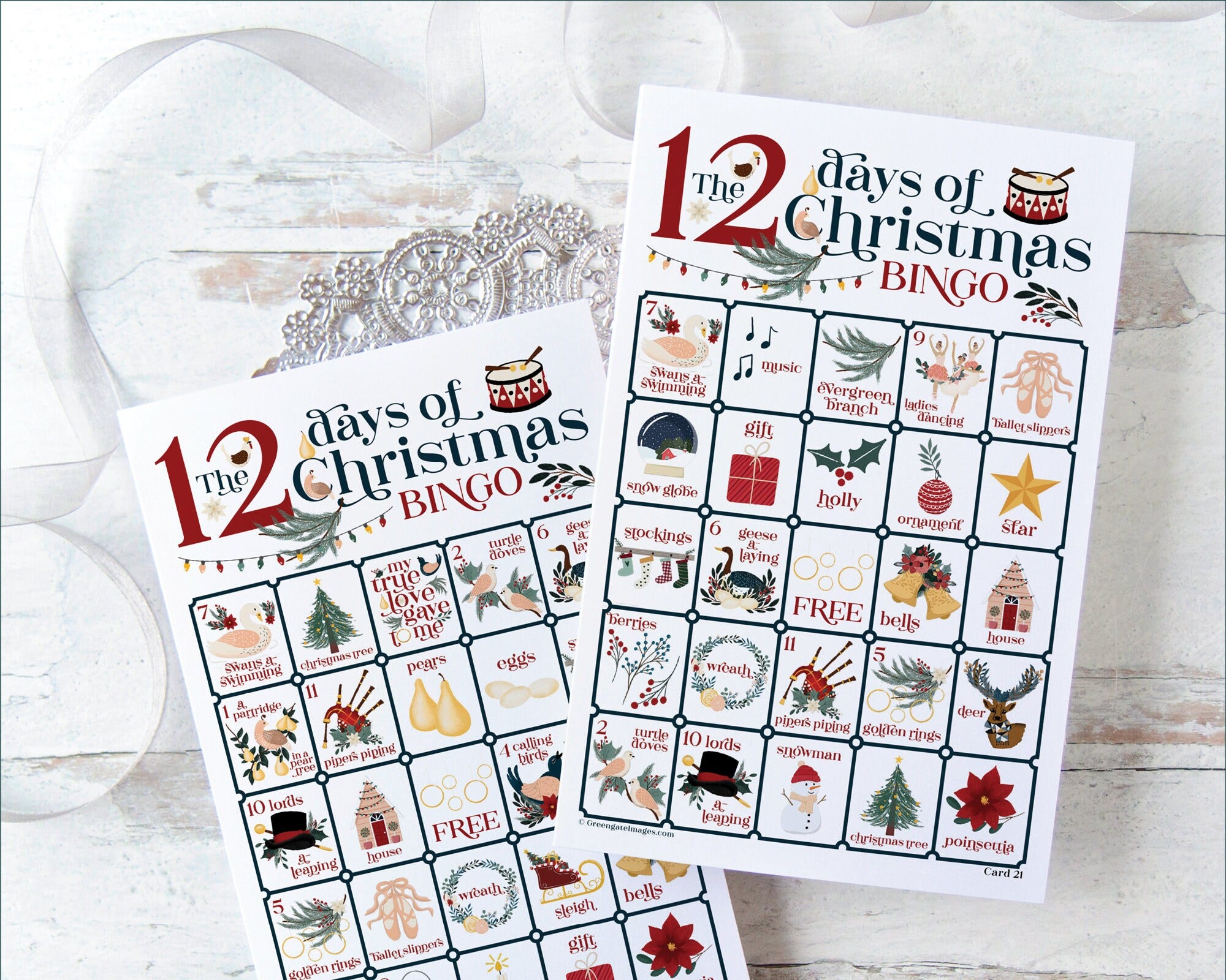 12 Days of Christmas Bingo Cards - 50 PRINTABLE unique cards, senior citizen activity, children game all ages, labeled cute color pictures
