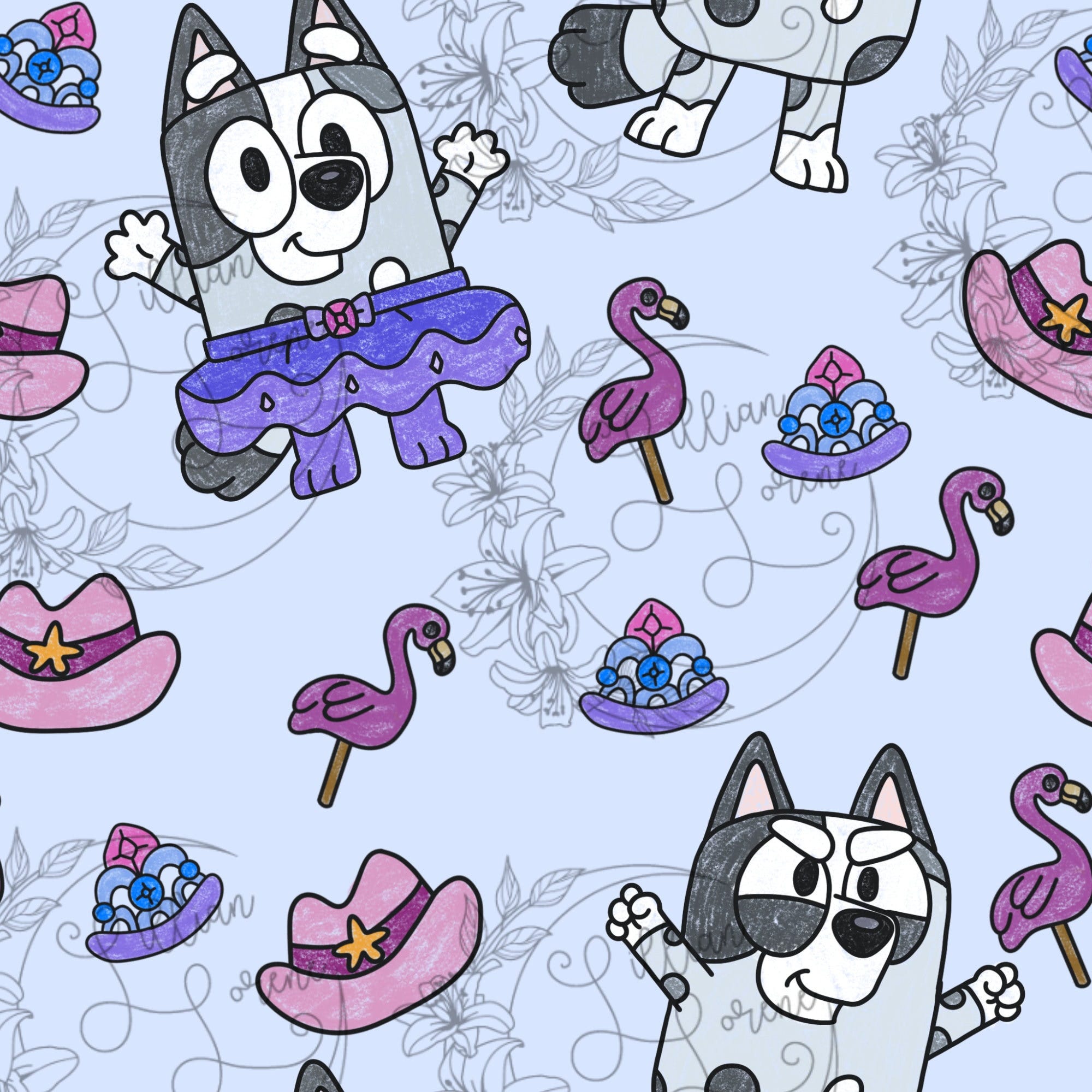 Blue Dog Muffin Seamless Pattern Flamingo Cowboy Hat Tiara Hand Drawn