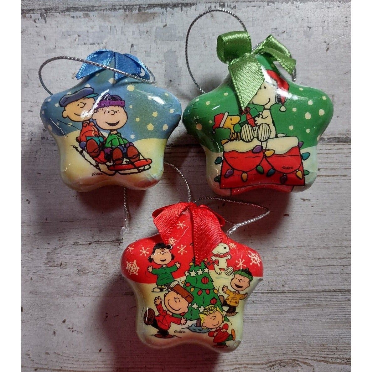 3 Vintage Peanuts Charlie Brown Star Lacquer Paper Mache Christmas Ornaments