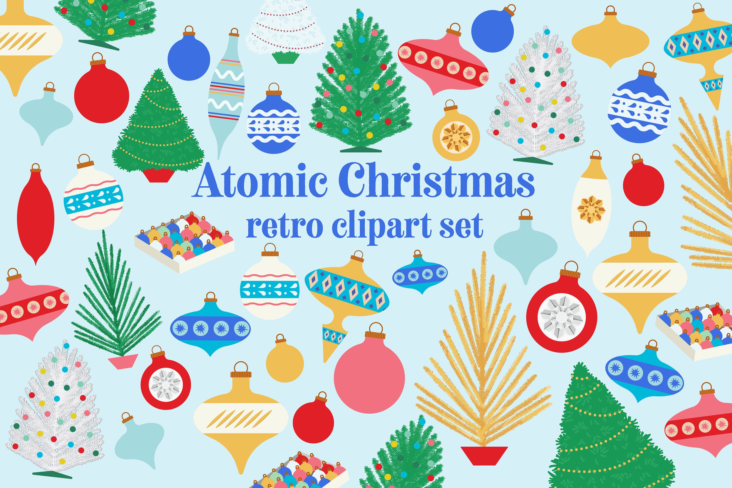 Atomic Christmas retro clipart set Mid Century retro Christmas ornaments and trees clip art holidays 40s 50s 60s 70s