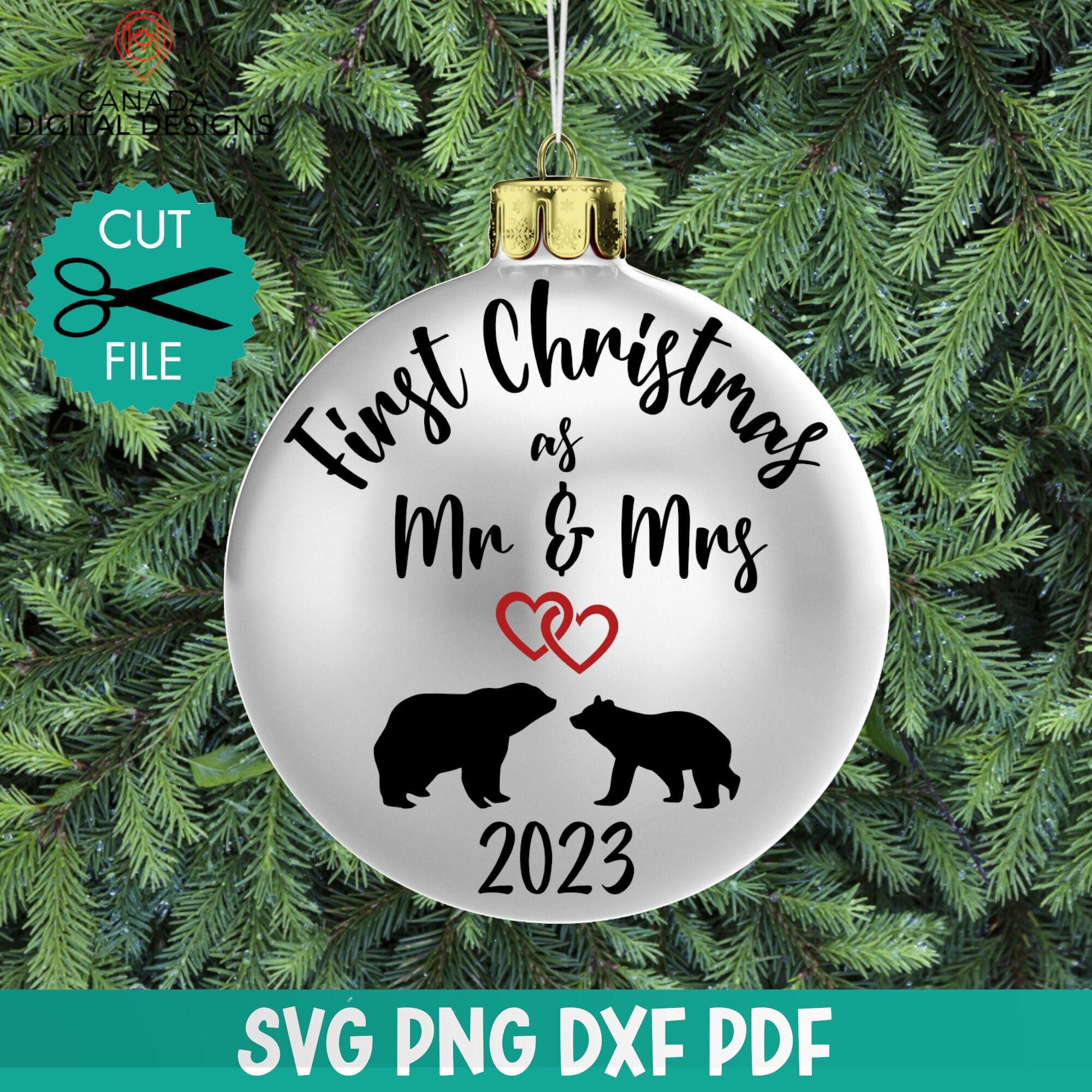First Christmas as Mr & Mrs svg, Holiday ornament svg, First Christmas 2023 svg, First Christmas married svg, Bear silhouette svg, dxf png