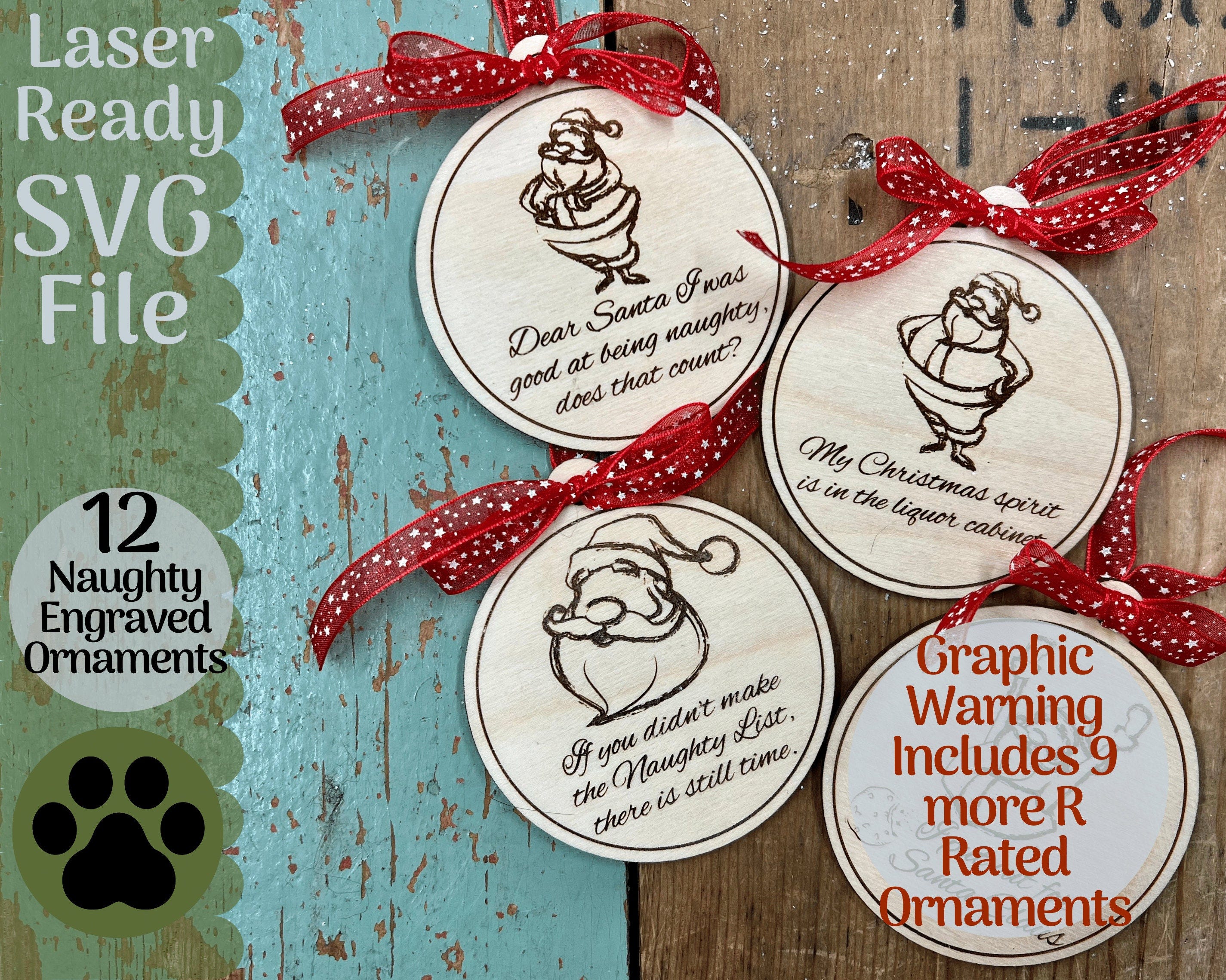 12 Naughty Christmas Ornament Bundle SVG File for Laser Cutters, Glowforge Ready Ornament, Easy Funny Engrave and Cut, Mature Humor Ornament