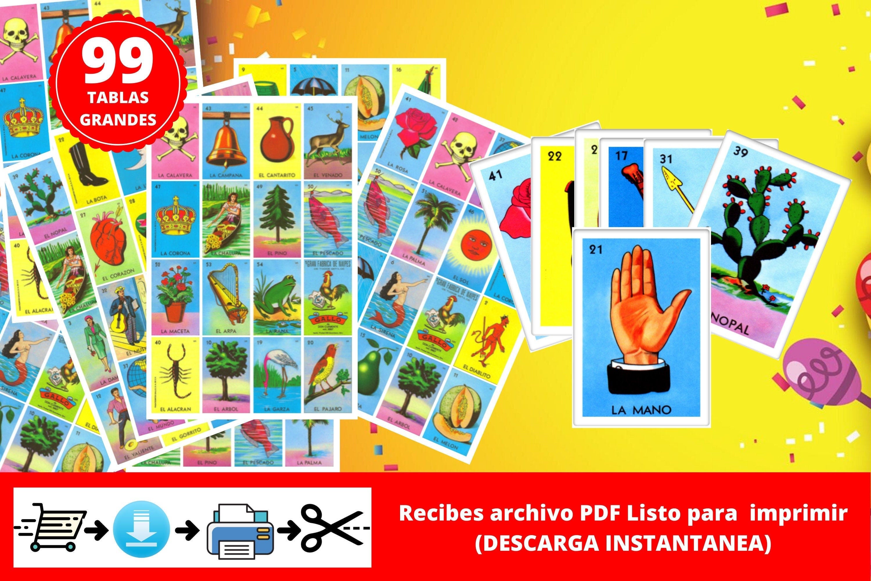 Mexican Loteria Game Cards Printable easy PDF INSTANT DOWNLOAD Digital File Ready To Print at Home. Loteria Mexicana Tradicional Descargable