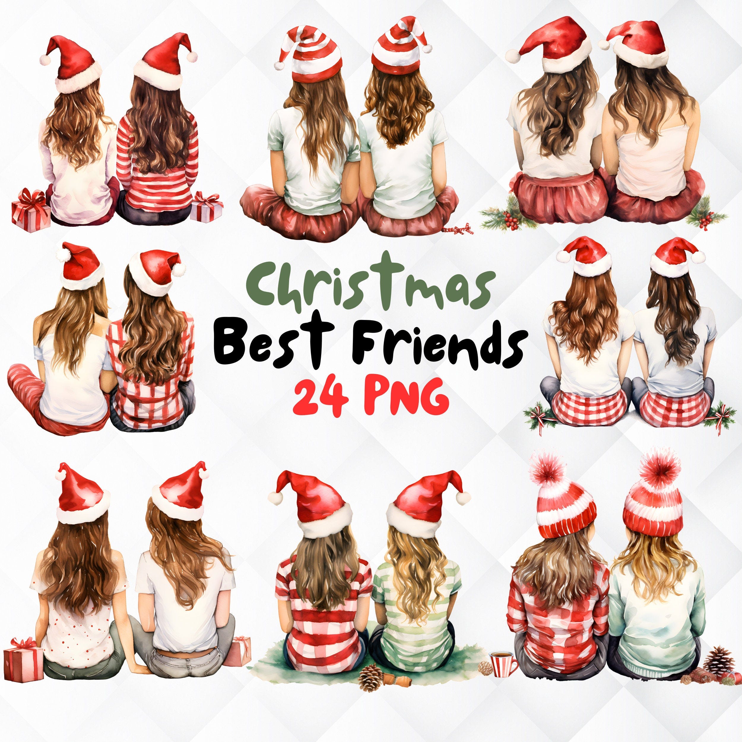 Watercolor Christmas Best Friends Clipart. 24 Christmas Besties PNG. Girl Besties Duo. Bestie girls clipart Digital Download Card Crafting