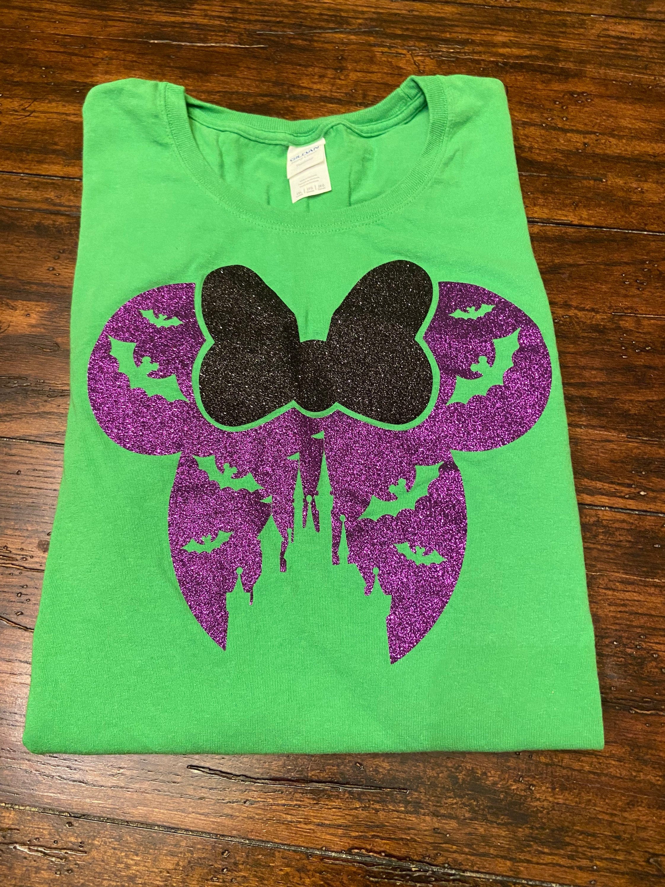 Minnie Mouse Silhouette Halloween Glitter Shirt Castle Bats Disney Shirt Women Adult Youth Kids Toddler