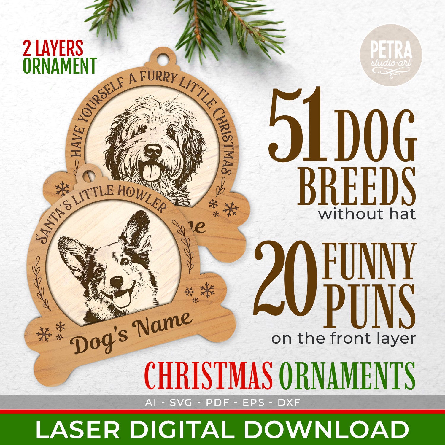 Christmas Ornament For Dog SVG Bundle Laser File. Popular Dog Breeds and 20 Funny Puns Interchangeably. Dog
