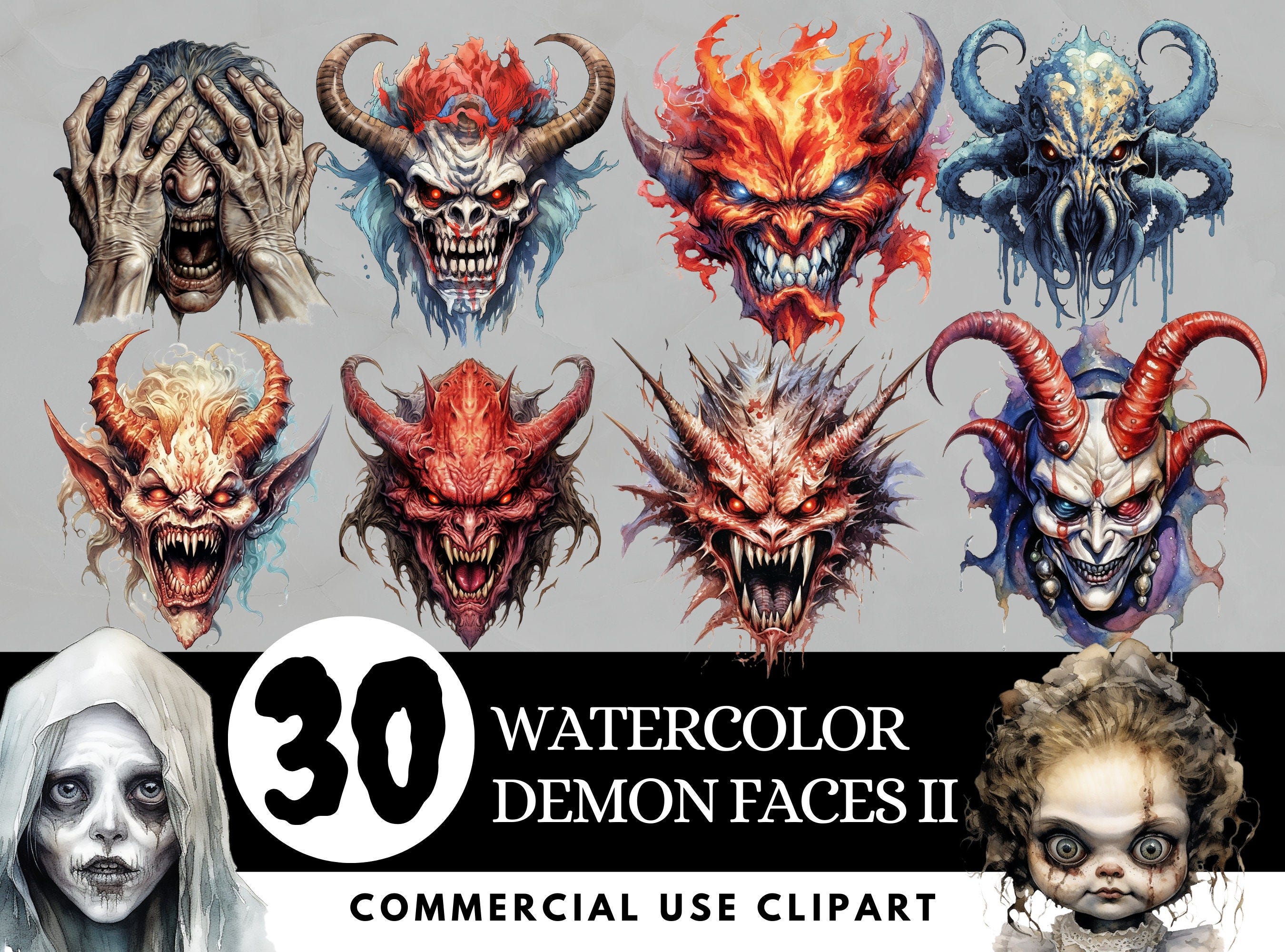 30 Horror Watercolor Demon Faces Clipart Bundle - Ghosts, Bloody Ghouls, Satanic, Monster Illustrations | Commercial Use | Digital Download