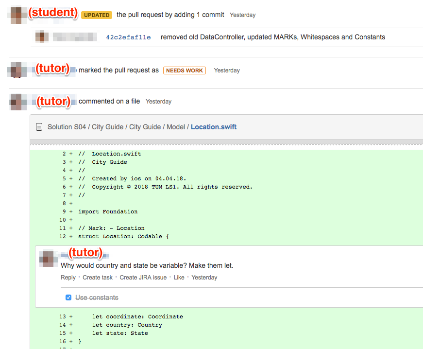 An example comment on a pull request. Here, the student has already implemented the tutor's comment and marked it as "done".