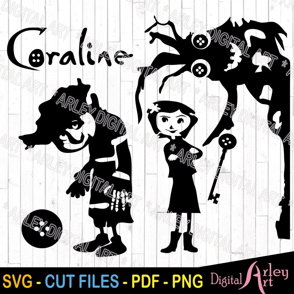 Caroline and Wybie SVG, Silhouette Cut Files, svg bundle, Key, buttons, kids digital File, PNG, horror movie svg, instant download files
