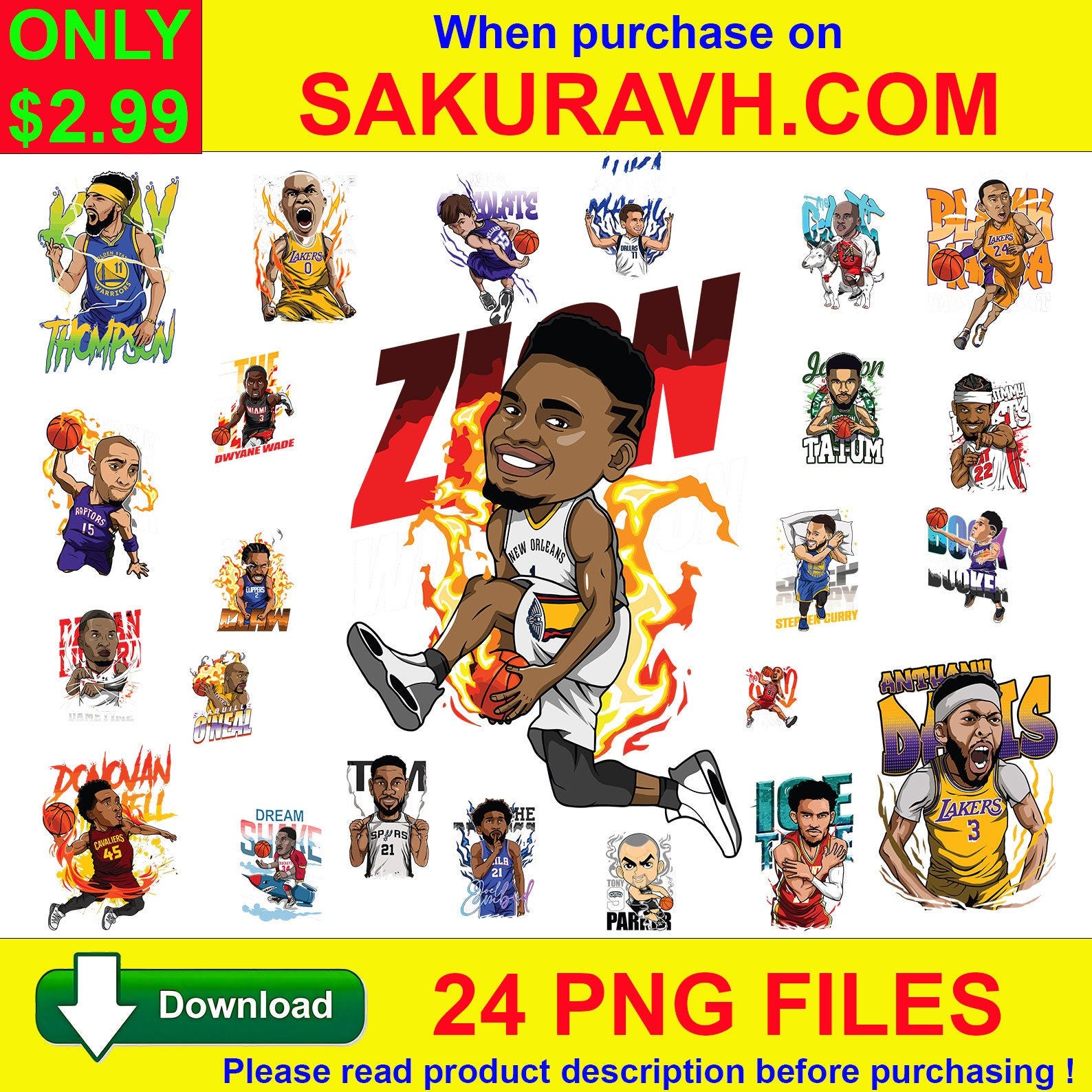 24 NBA Cartoonized Designs, Cut Files For Cricut, PNG Bundle, Clipart,Png Files, Sublimation Designs