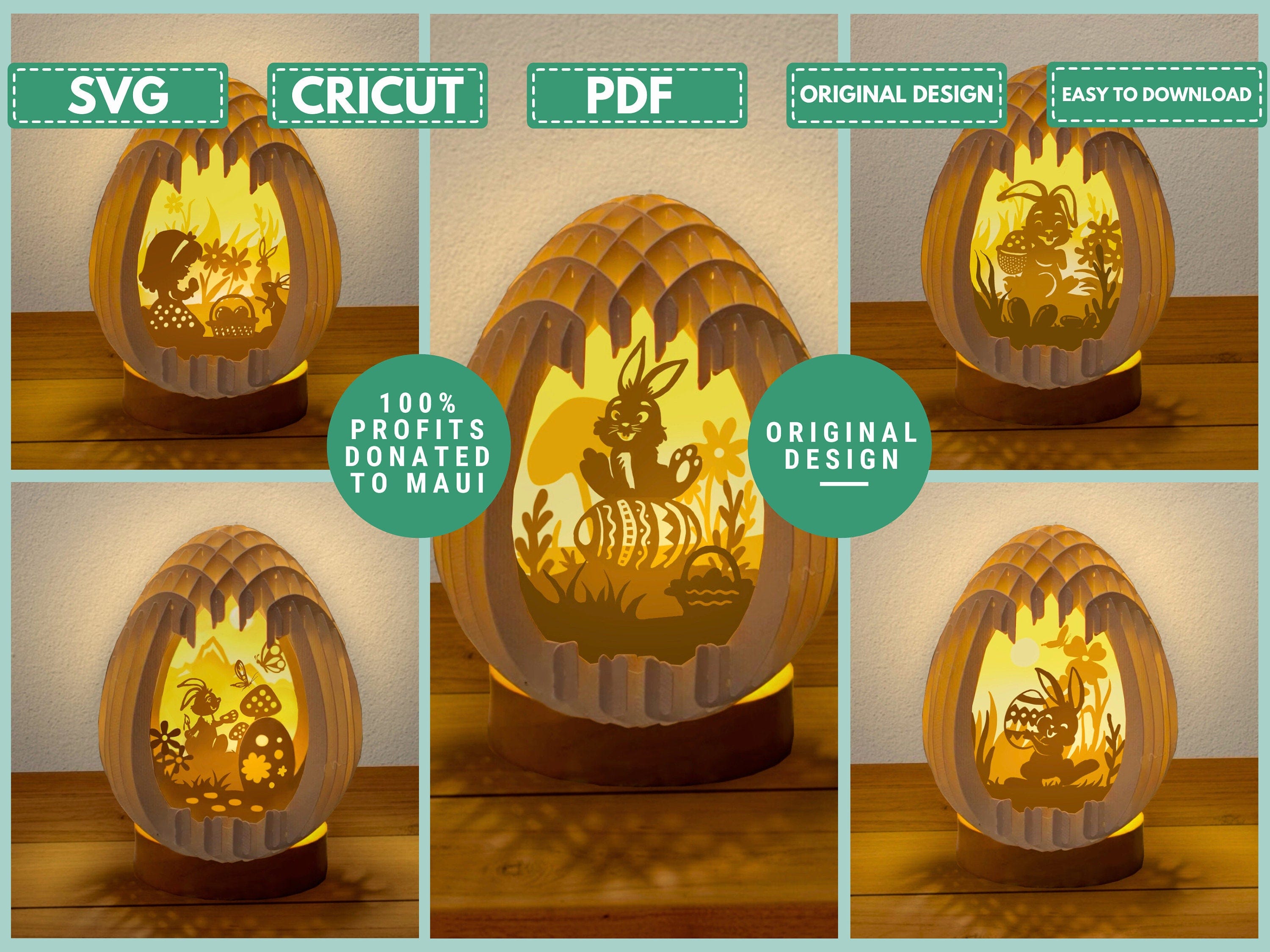 Pack 5 Easter Eggs Pop Up PDF, SVG Light Box for Cricut Projects, Cricut Joy, Cameo4, ScanNcut, Easter Sphere Popup, DIY Lantern with Rabbit