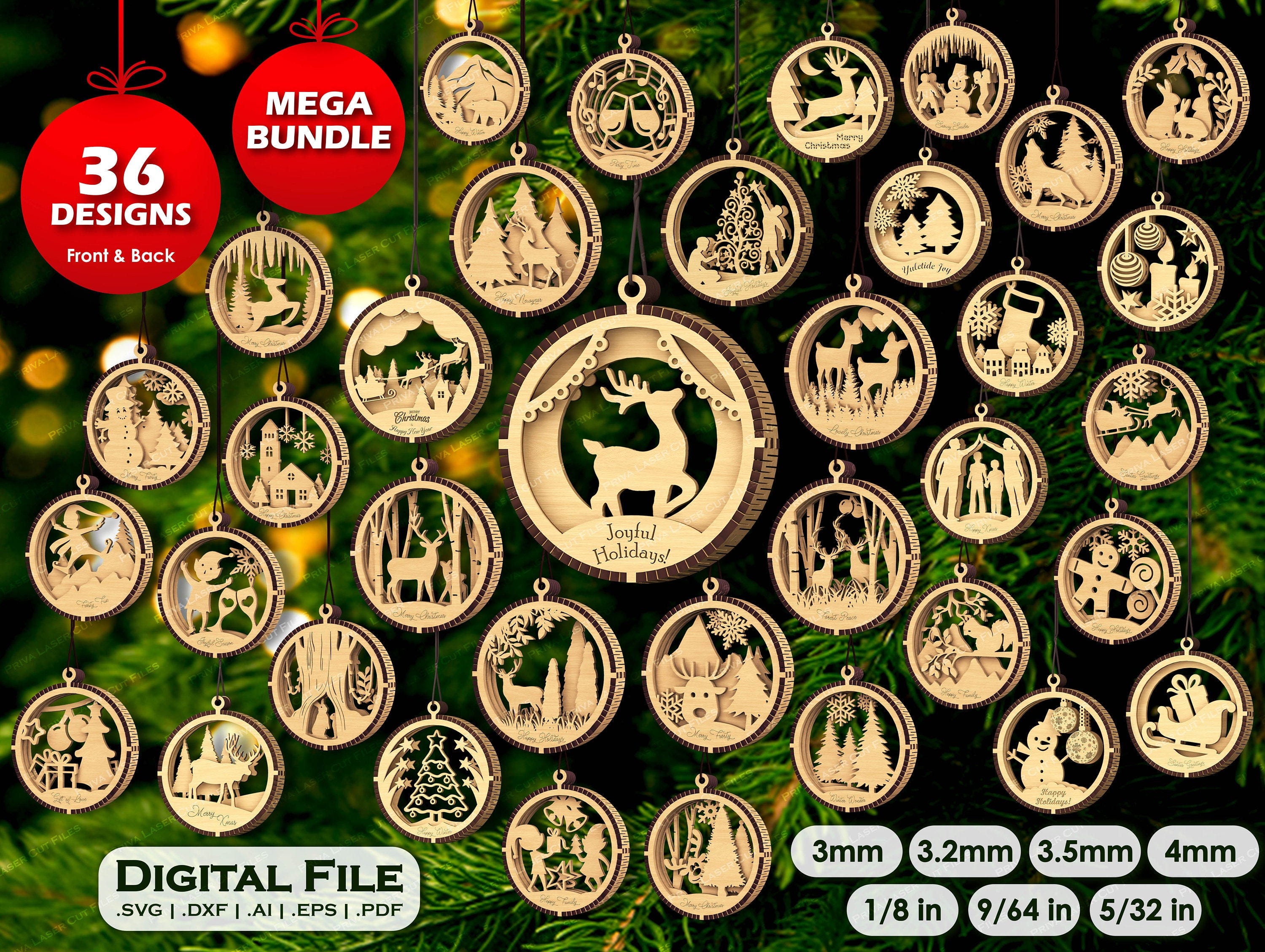 Mega Bundle 3D Christmas Tree Ball 36File 3Layer Tree Decoration SVG Vector Laser Cut Hanging Bauble Ornament Craft digital download carving