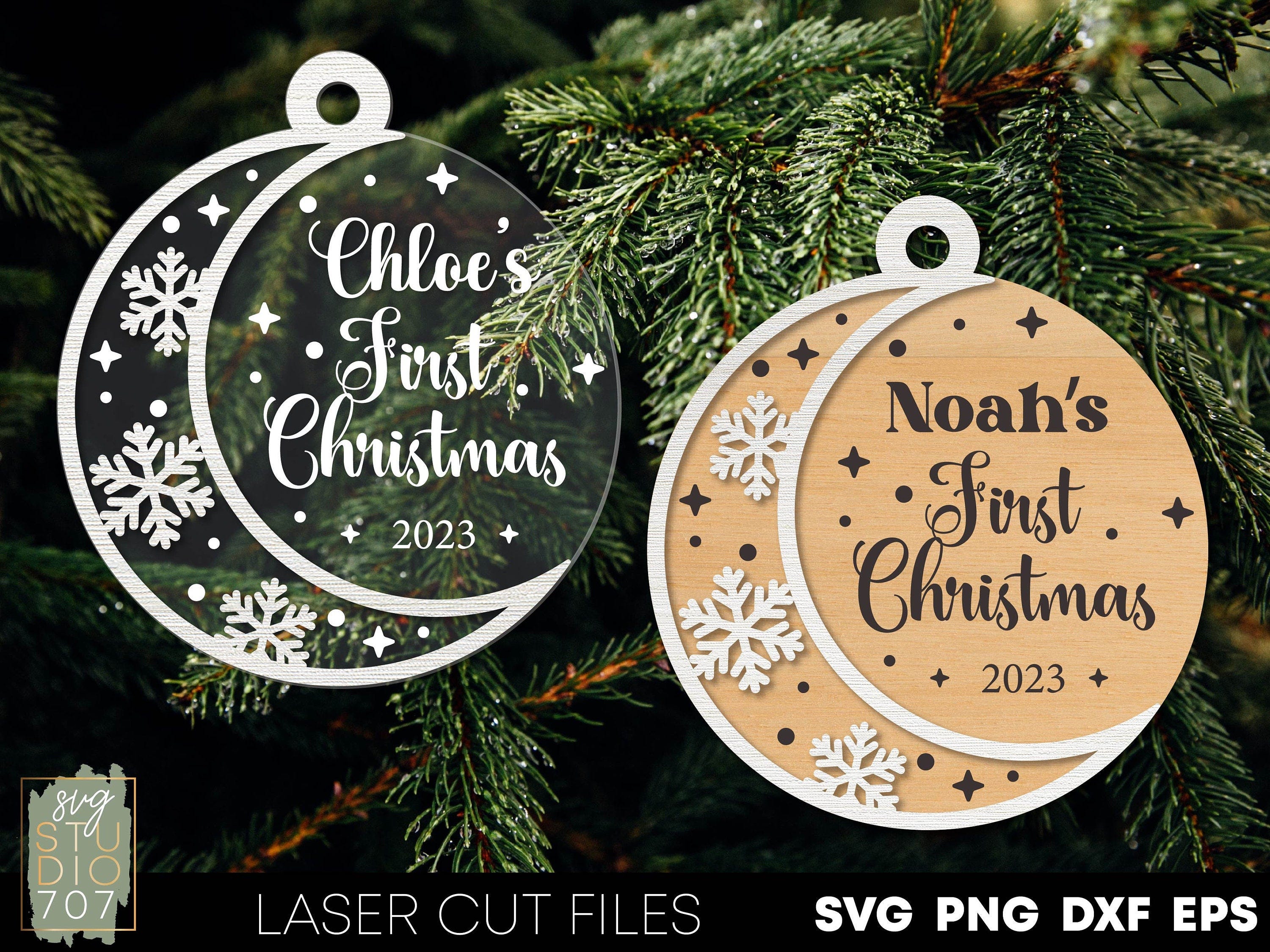 Baby first christmas ornament 2023 svg My first christmas personalized svg Glowforge ornament Laser cut files Babys first Baby’s first svg